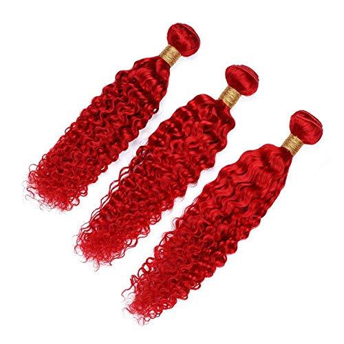 Generic Bright Red Deep Wave Human Hair Weave Bundles Red Color Brazilian Wavy Human Hair Extensions Pure Red Deep Wave Curly Virgin Hair 3 Bundle Deals Mixed Length (10 10 10)