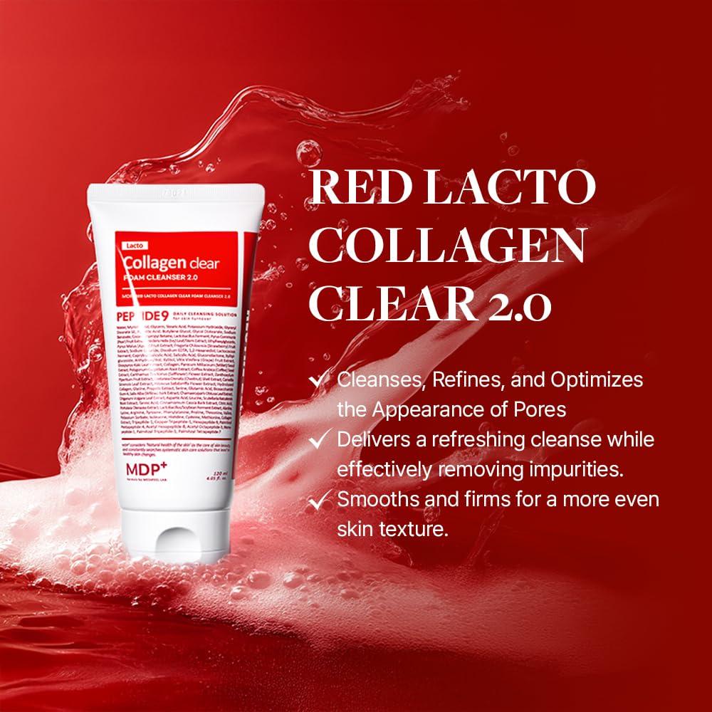 MDP MDP+ RED LACTO COLLAGEN CLEAR 2.0, Peptide, Deep Pore Cleansing, Hydrating|4.05oz/120ml,Pore Tightening, Hydrating Cleanser, Daily Moisturizing Cleanser, Foaming Facial Wash