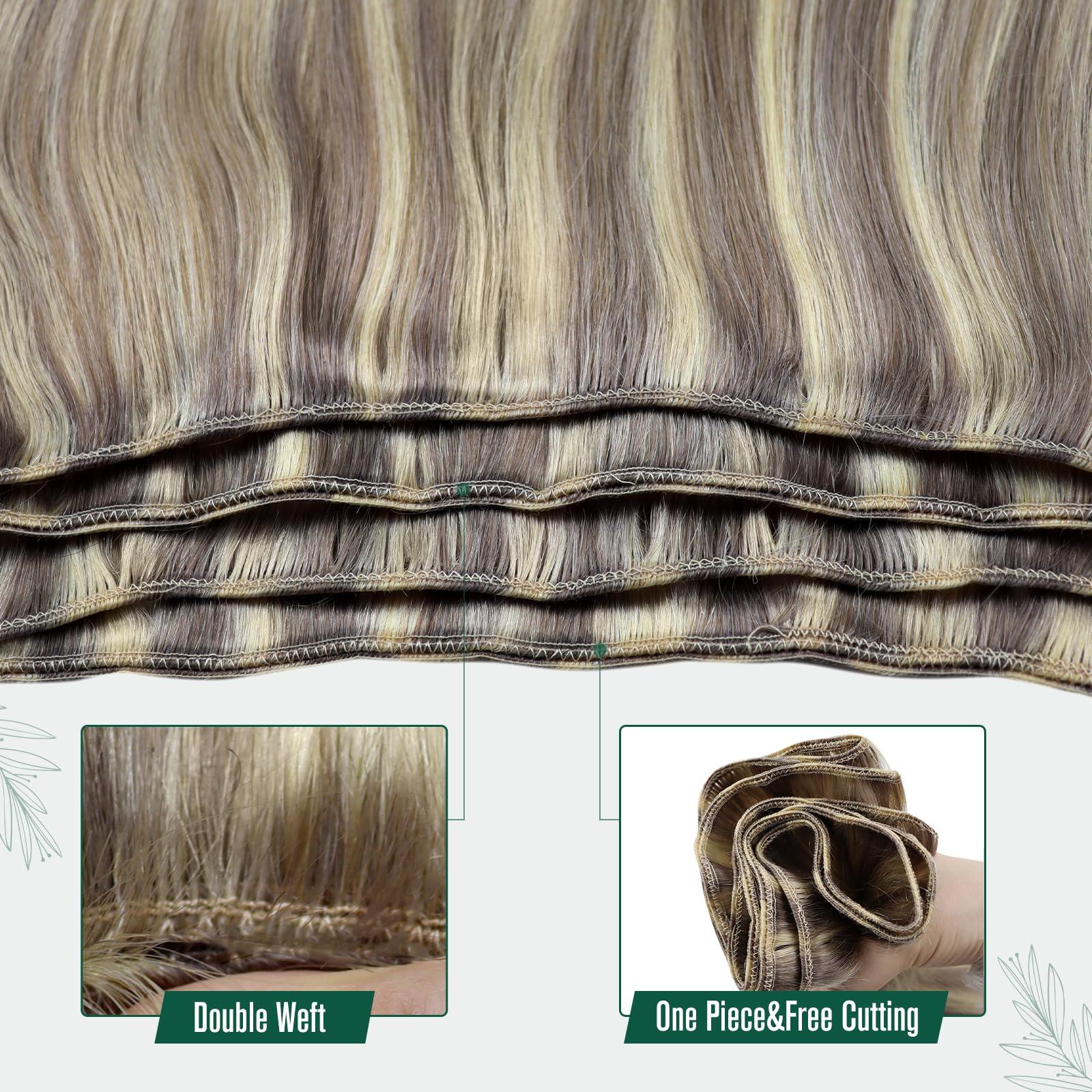 RUNATURE Bundles with Weft Hair Extensions Dirty Blonde Highlight Hair Extensions 20 Inch 100g and Clip in Hair Extensions Real Human Hair Blonde #19/60 20 Inch 50g