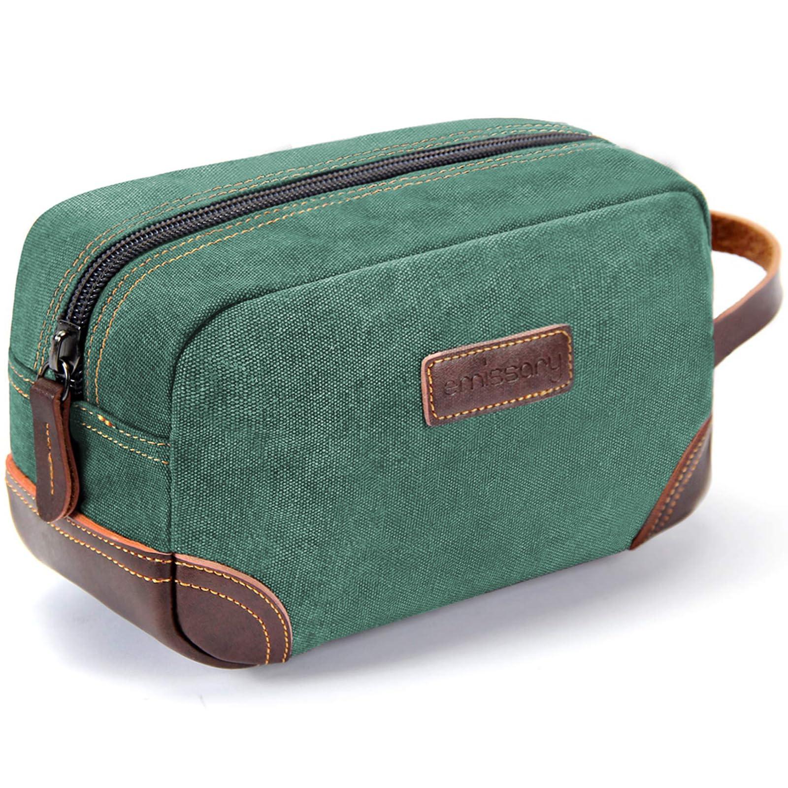 emissary emissary Men's Toiletry Bag, Leather and Canvas Travel Toiletry Bag, Dopp Kit for Men, Travel Bathroom Bag Men's Shaving Kit, Travel Kit Small Bags for Men, Shaving Bag for Travel Accessories (Green)