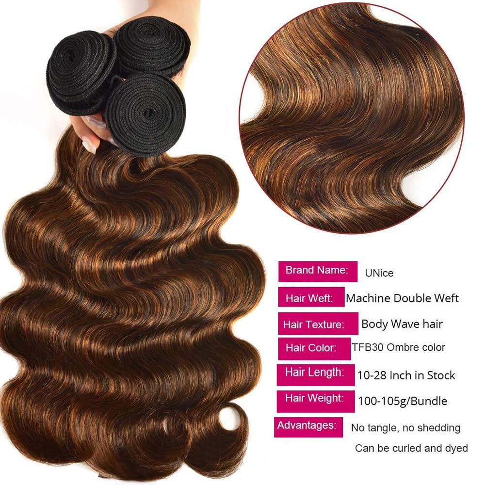 KLAIYI KLAIYI Ombre Brown Highlight Body Wave Human Hair Extensions 3 Bundles of 14 16 18Inch Balayage Honey Blonde Virgin Hair Weaves for Women Double Wefts Wavy Remy Hair with Dark Roots Sew In Piano Color
