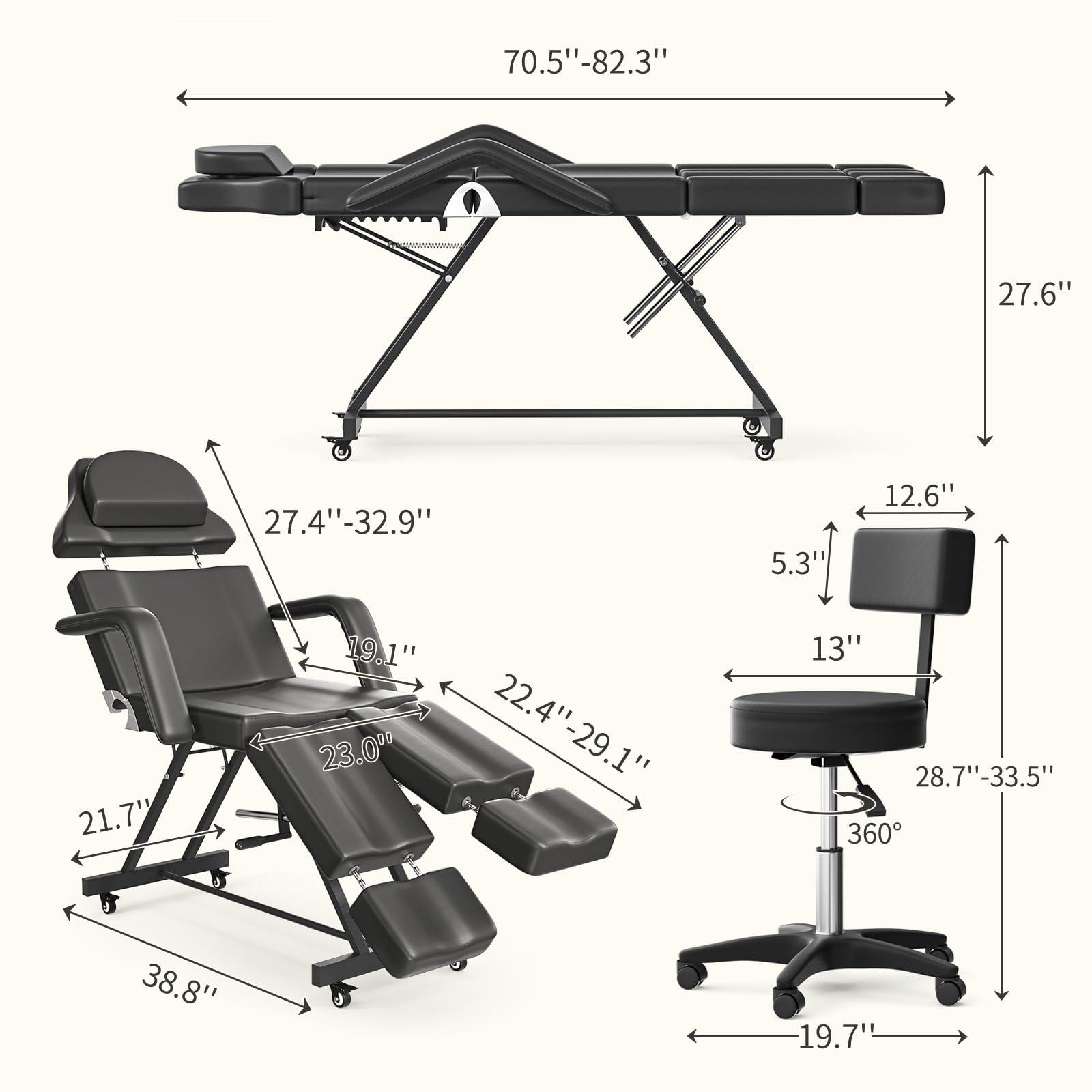 Charmmade Tattoo Chair for Client with Wheels Adjustable Facial Bed for Esthetician Multi-use Massage Table Professional Tattoo Chair for Clients Hold Up to 440lbs, Black