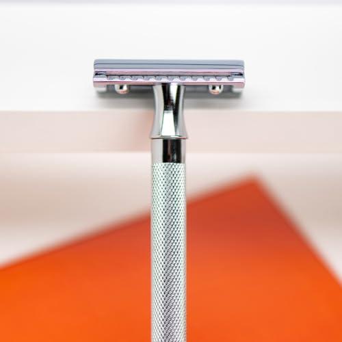 MERKUR MERKUR 24C Safety Razor For Women with 10 Double Edge Blades | Extra Long Handle | Three-piece Razor | Straight Cut | Bright Chrome Finish | Made in Germany