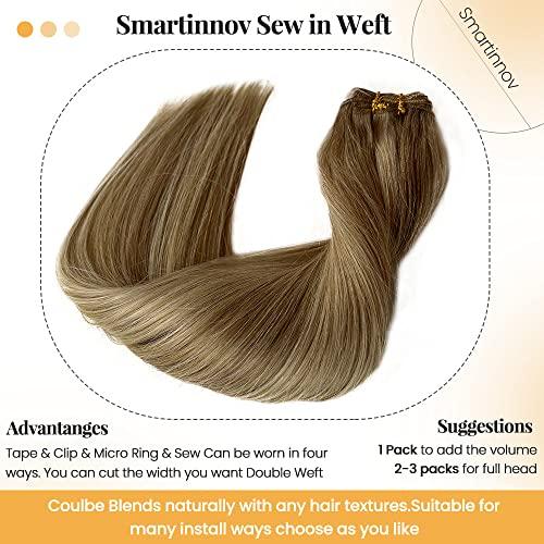 Smartinnov Sew in Hair Extensions 24 Inch 120G Ash Brown to Platinum Blonde Highlight Human Hair Hand Tied Weft Hair Extensions Ombre Blonde Highlights Brazilian Virgin Hair Double Weft Remy Hair Bundles