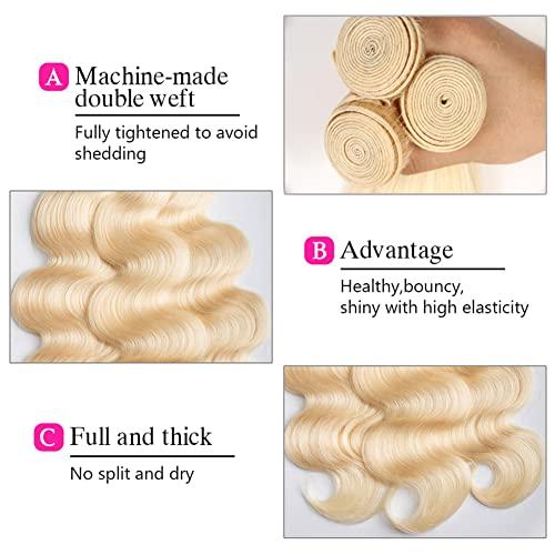 Forawme Forawme Brazilian Body Wave Hair With Frontal Closure 613 Blonde 16 18 20 22 With 14 Inch Lace Frontal Closure With Bundles Remy Human Hair Weaves
