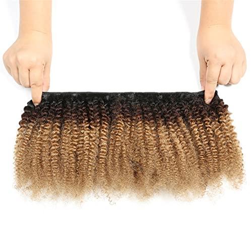 GREEMEO Kinky Curly Human Hair Weave 2 Bundles 12 14 Inch Short Curly Weave Black and Brown and Blonde Ombre 3 Tone Colored Hair Extensions Double Machine Wefted Weaving