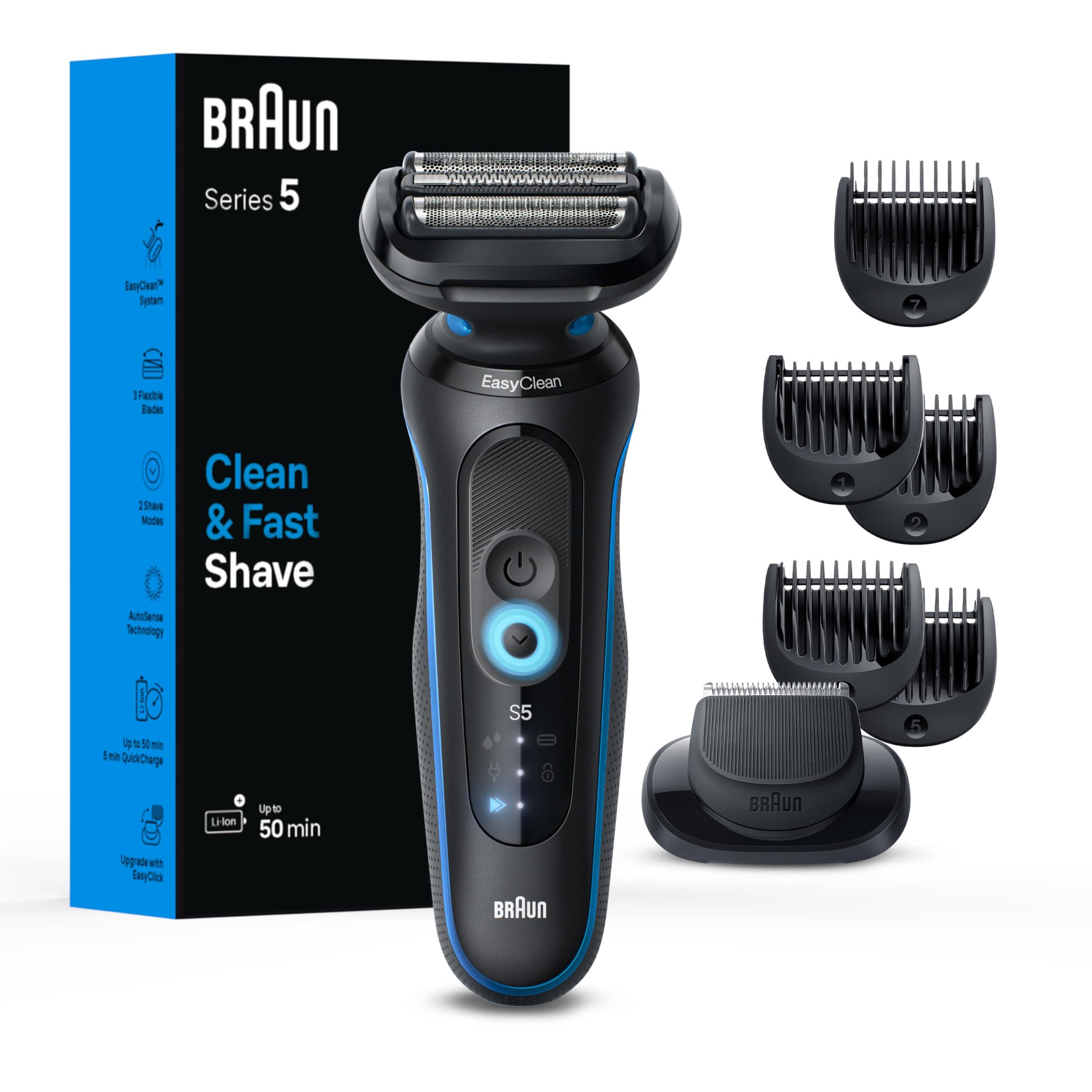 Braun Braun Electric Shaver for Men, Series 5 5120s, Wet & Dry Shave, Turbo Shaving Mode, Foil Shaver, Engineered in Germany, with Beard Trimmer & Attachments, Blue