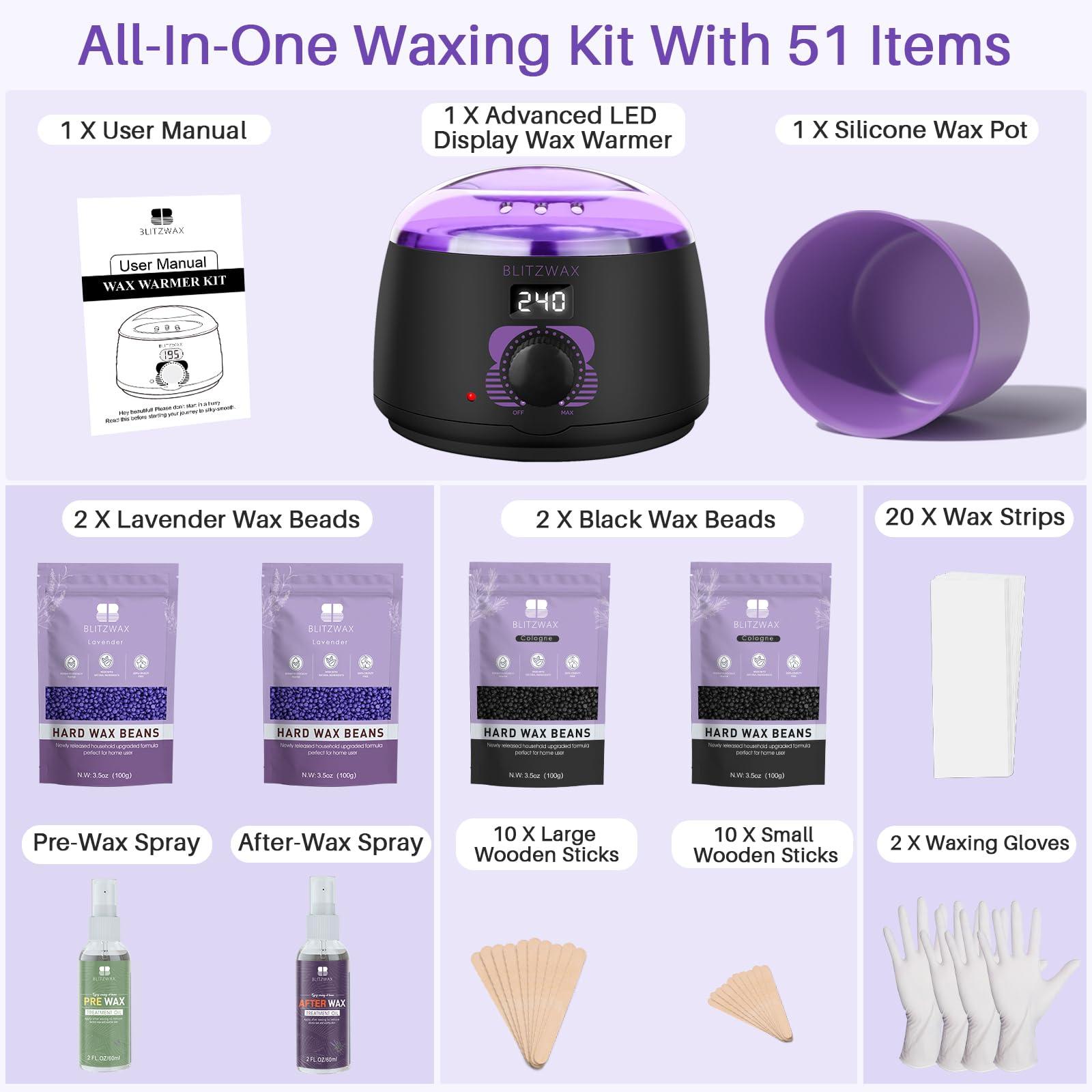 BLITZWAX BLITZWAX Waxing Kit for Women Men Digital Wax Kit Suitable for Sensitive Skin/Brazilian/Full Body/Bikini/Hair Removal Hard Wax Kit with 50 Wax Items for Home, Salon and Beginners