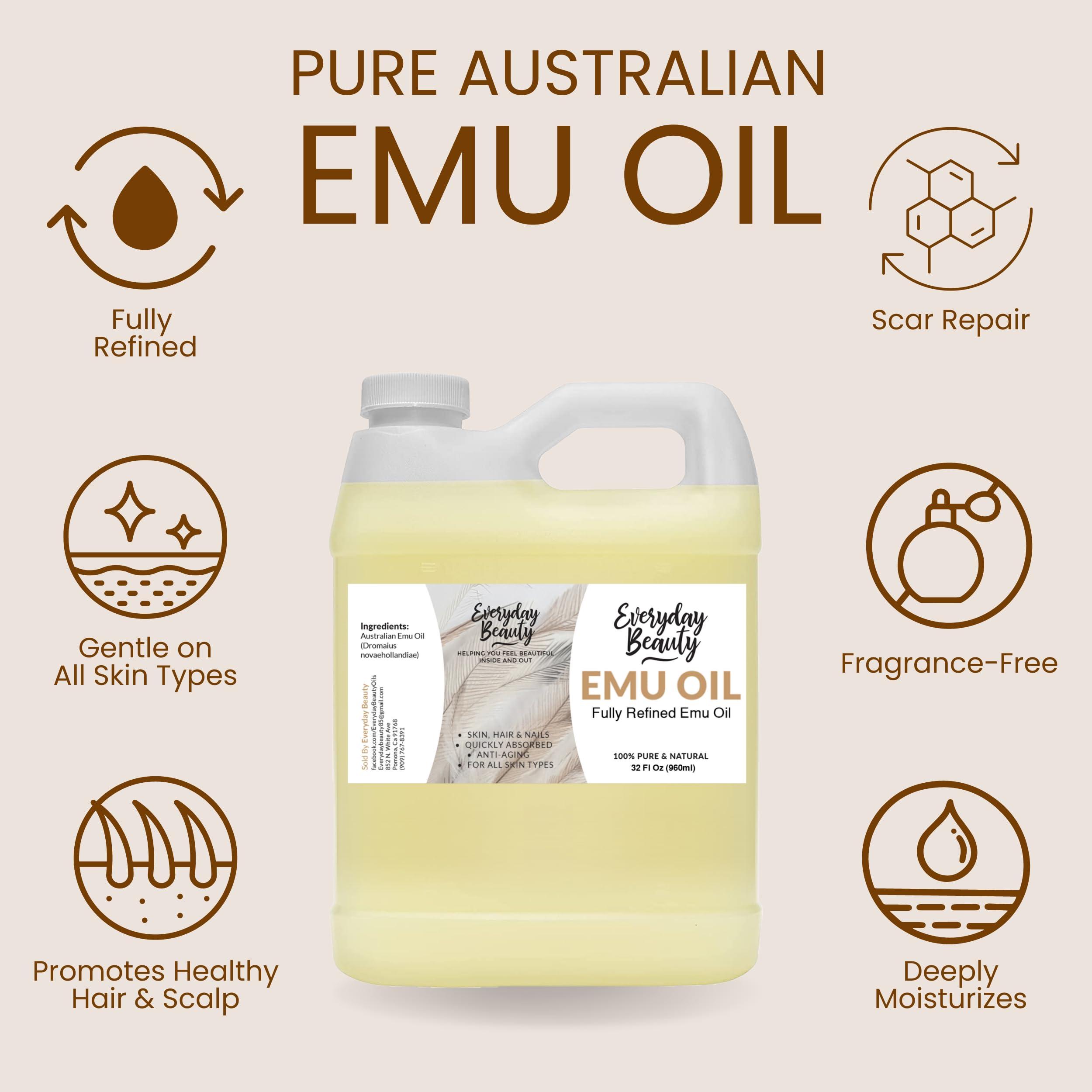 Everyday Beauty Helping You Feel Beautiful Ins Pure Australian Emu Oil Bulk 32 Fl Oz - All Natural 6X Refined for Face, Skin and Hair - Highly Effective Hydration for Sensitive Skin and Hair Growth - Perfect for Scars and Blemishes