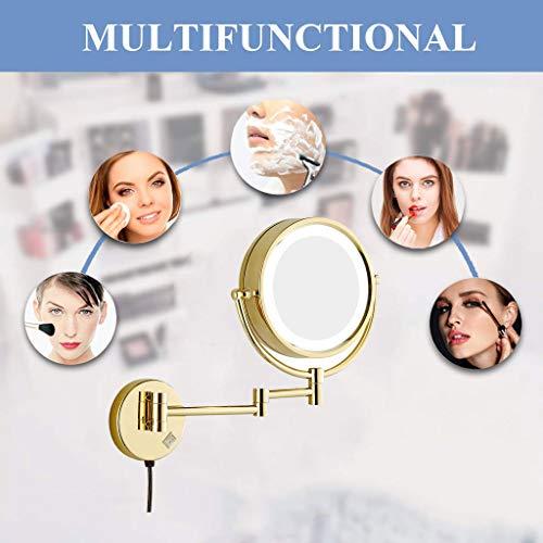 KWEE KWEE LED Makeup Mirror Wall Mount 10x Magnification, Double Sided Magnifying Makeup Mirrors with Lighted, 8.5 inch Extension - for Bathroom Shaving Gold Finish