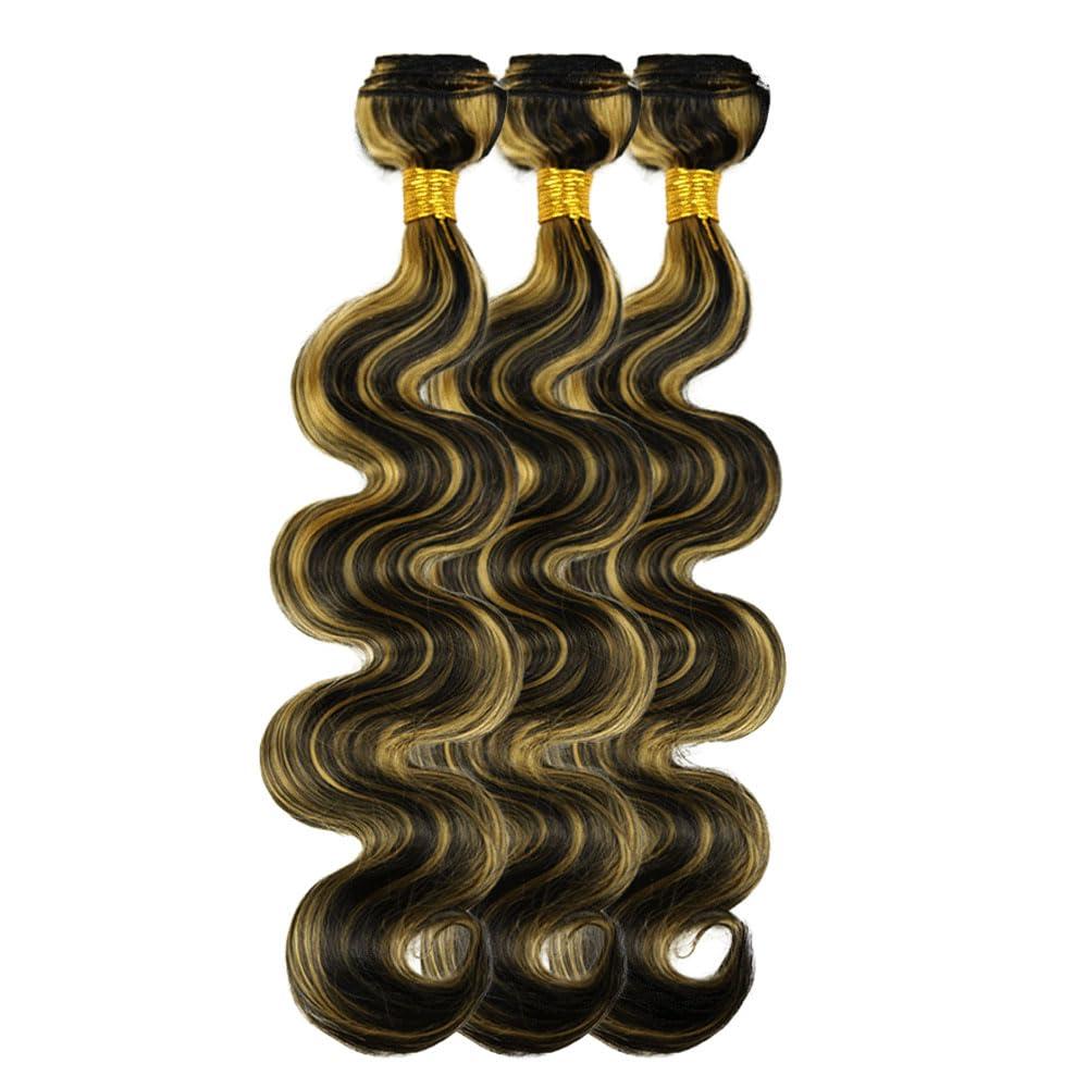 NiegMeag Blonde Bundles Human Hair Highlight Body Wave Hair Weave Brazilian Grade 8A Virgin Hair Extensions 14 16 18 Inch 2 Tone Black Mixed With Honey Blonde Body Wave Hair Weave
