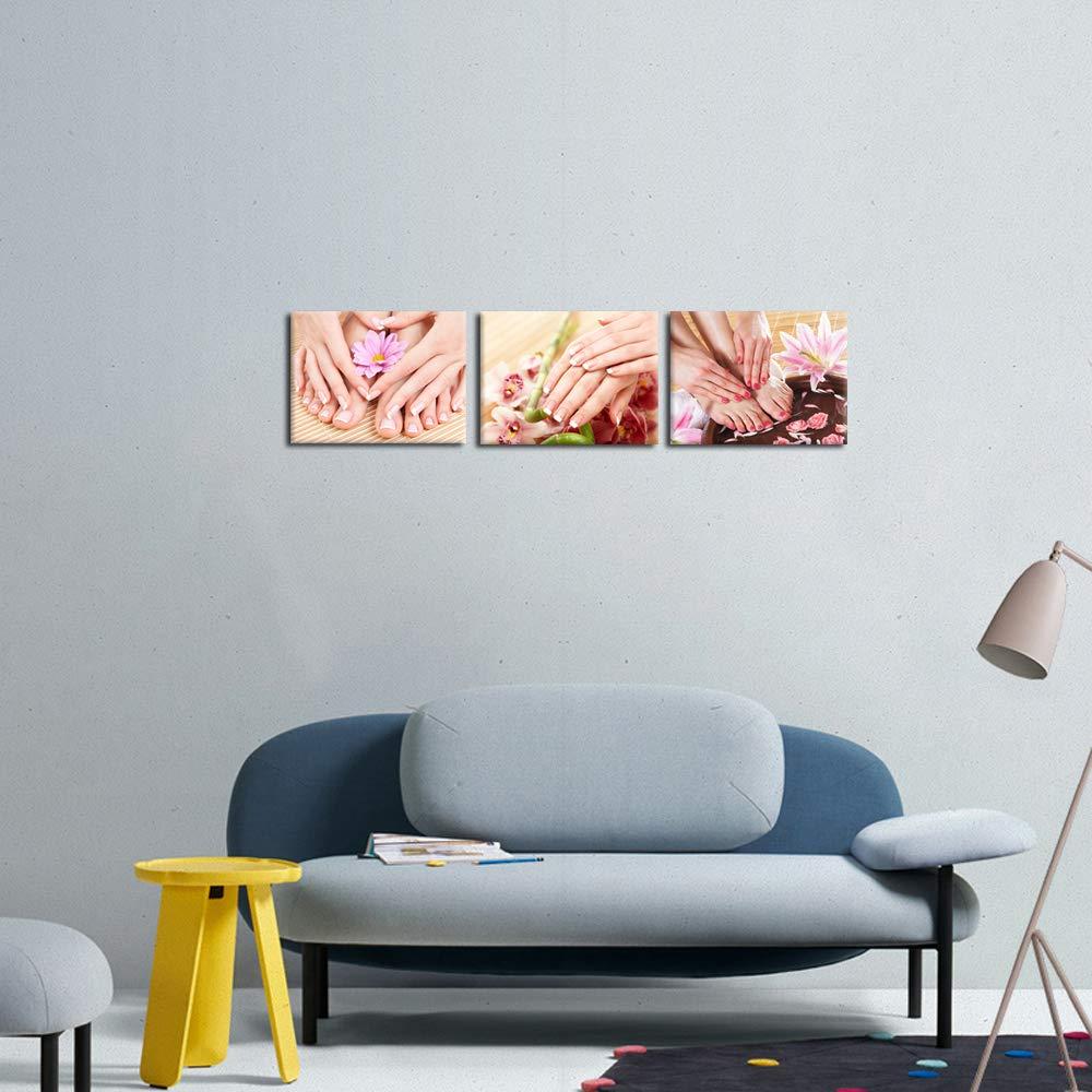 iKNOW FOTO iKNOW FOTO Canvas Set of 3 Wall Art Manicure Painting Hands Foot Bath Massage Spa Still Life with Flowers Pictures Nails Beauty Salon Posters Printed Giclee Print Gallery Wrap for Walls