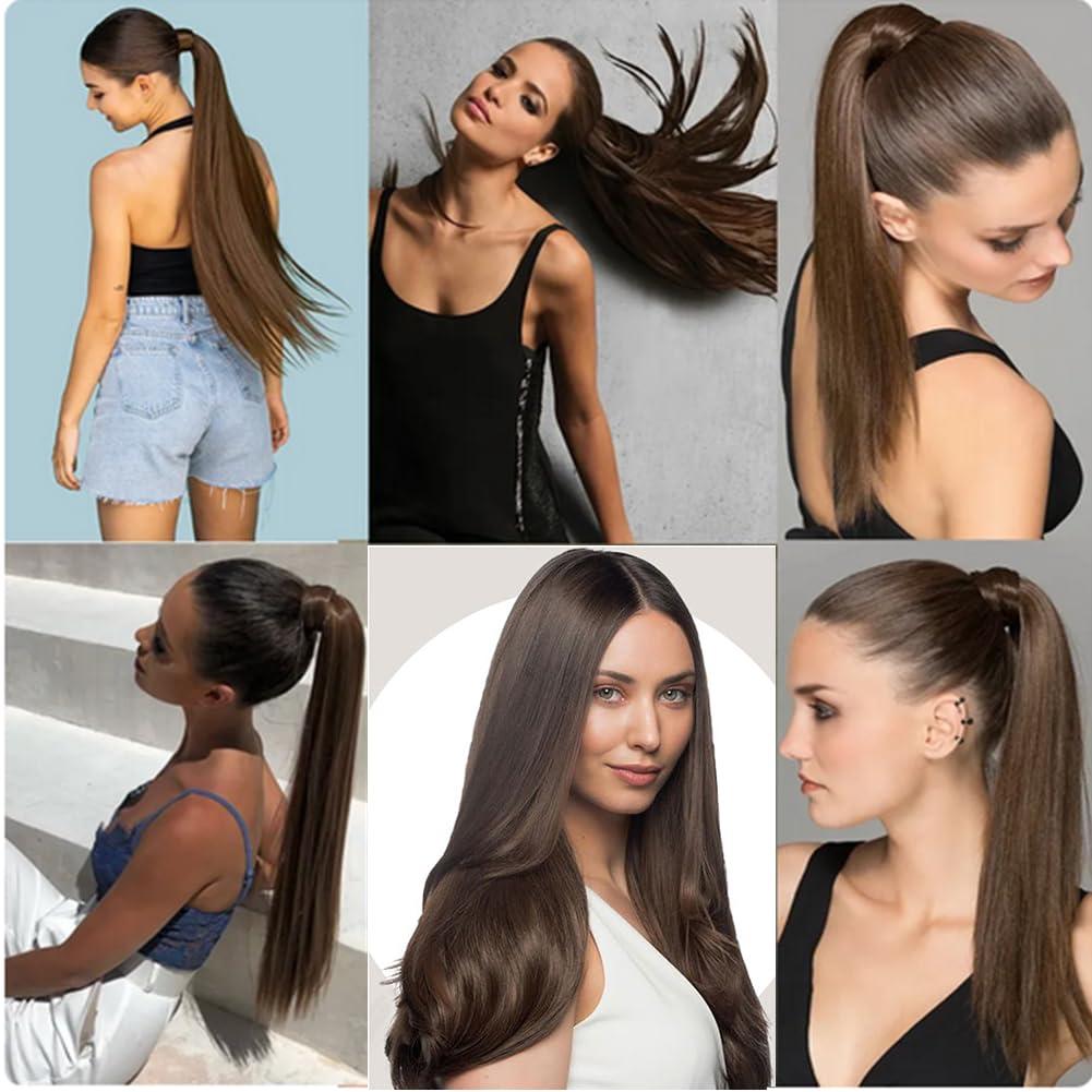 Kiss darling LASHES Long Straight Ponytail Extension 24 Inch Wrap Around Medium Black Ponytail Human Hair Magic Paste with 2 Clips in Hairpiece for Women 200g, 4 Chocolate Brown