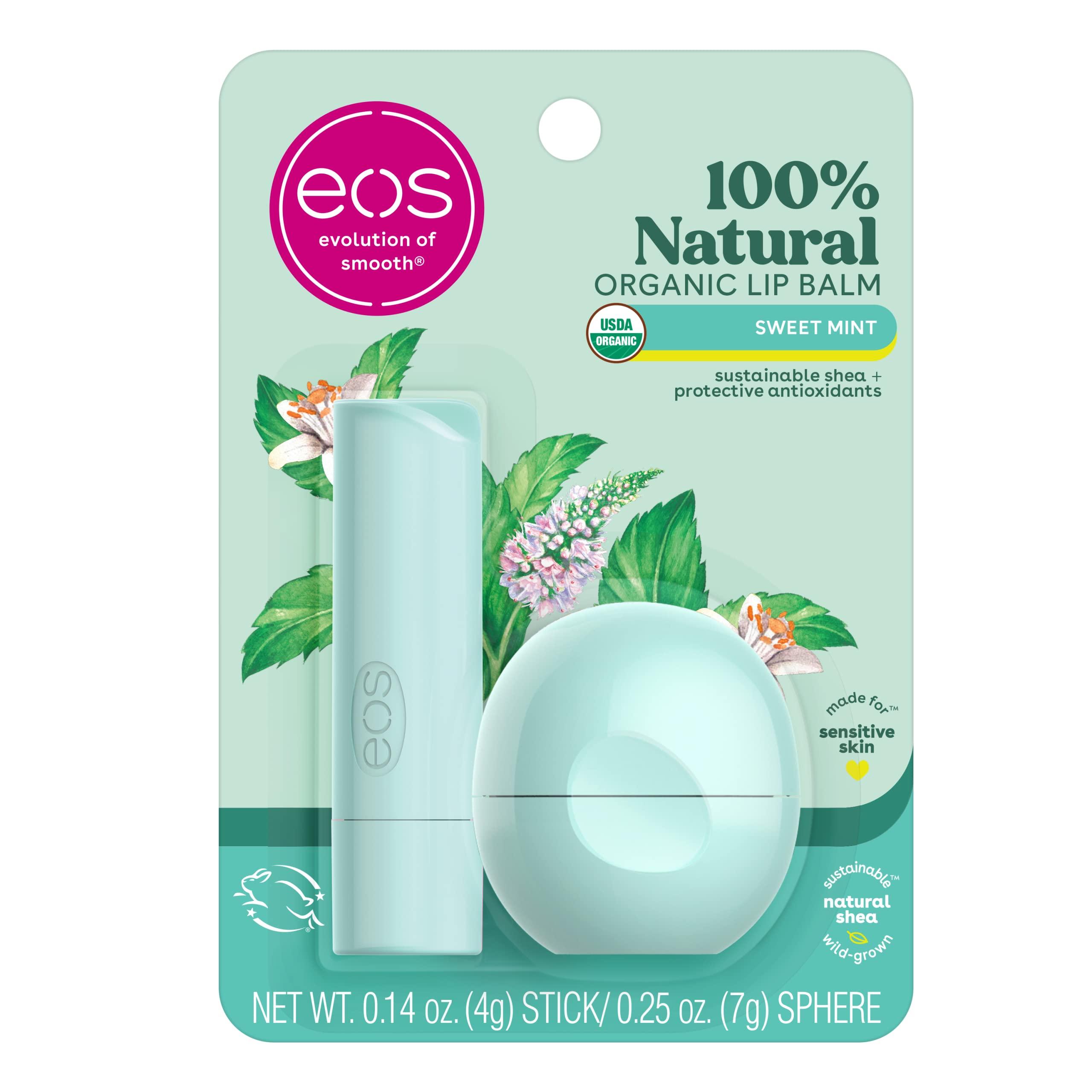 eos eos 100% Natural & Organic Lip Balm- Sweet Mint, Dermatologist Recommended, All-Day Moisture Lip Care, 0.39 oz, Stick & Sphere
