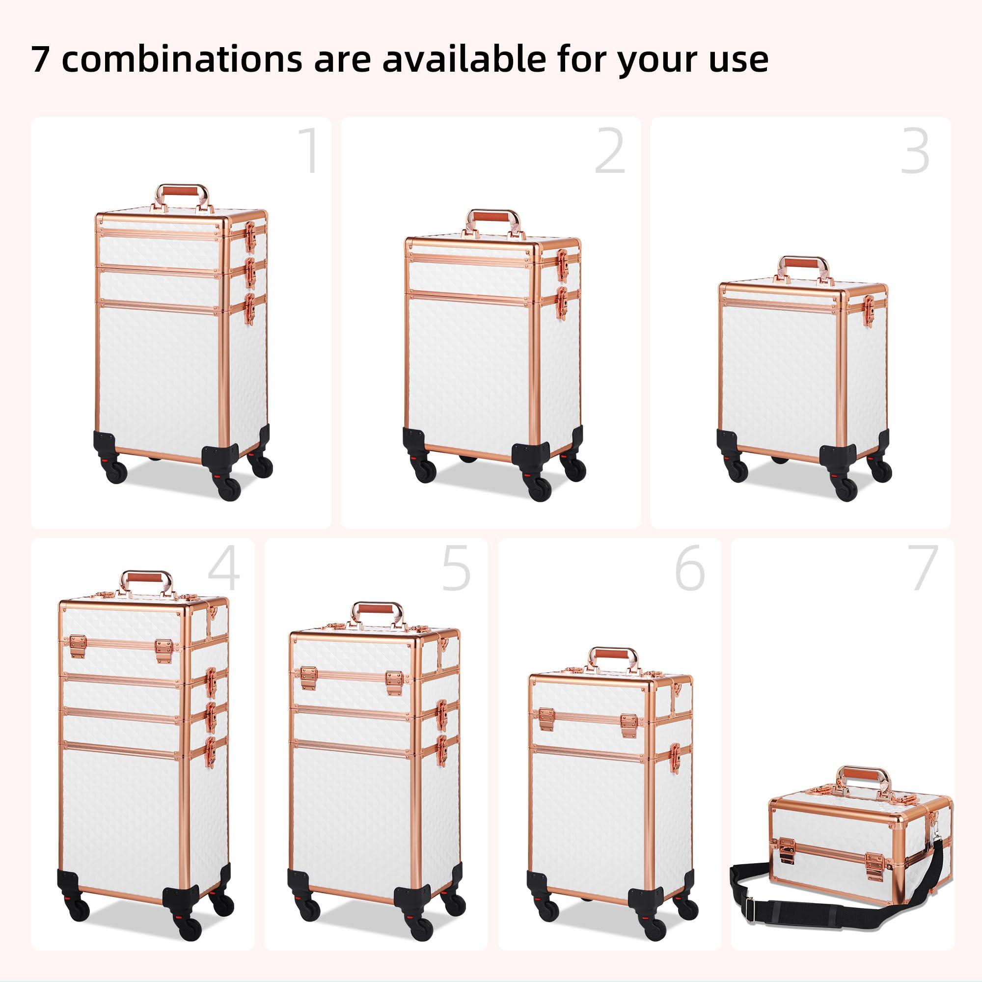 Somduy Somduy Rolling Makeup Case, Makeup Train Case with Lid, 5 in 1 Cosmetology Case on Wheels, Christmas Gift, Large Makeup Case Organizers, Profesional Cosmetic Case for Salon Barber, White Gold