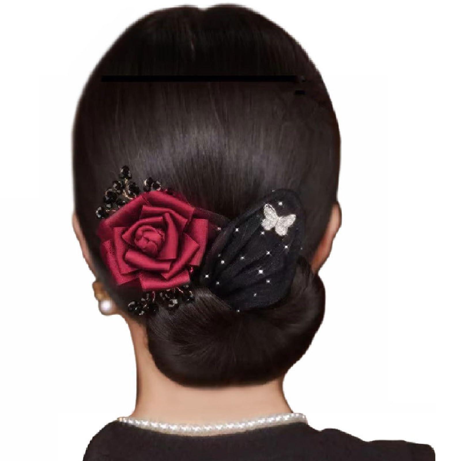JASUBAI Insstyle Flower Hair Bun Roller, Hand Embroidered Flowers Deft Bun, Lazy Hair Curler Deft bun Maker, Flower Hair Bun Roller Butterfly Hair Bun Maker for Long Thick Hair Accessories (D6)