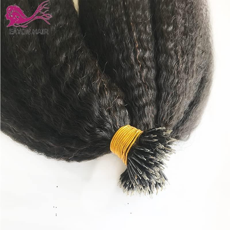 TPFHR Kinky Straight Nano Ring Human Hair Extension Micro Link Brazilian Remy Nano Tip Hair Coarse Italian Yaki For Black Women 100g 100strands (20inch 100strands, 1(Jet Black))