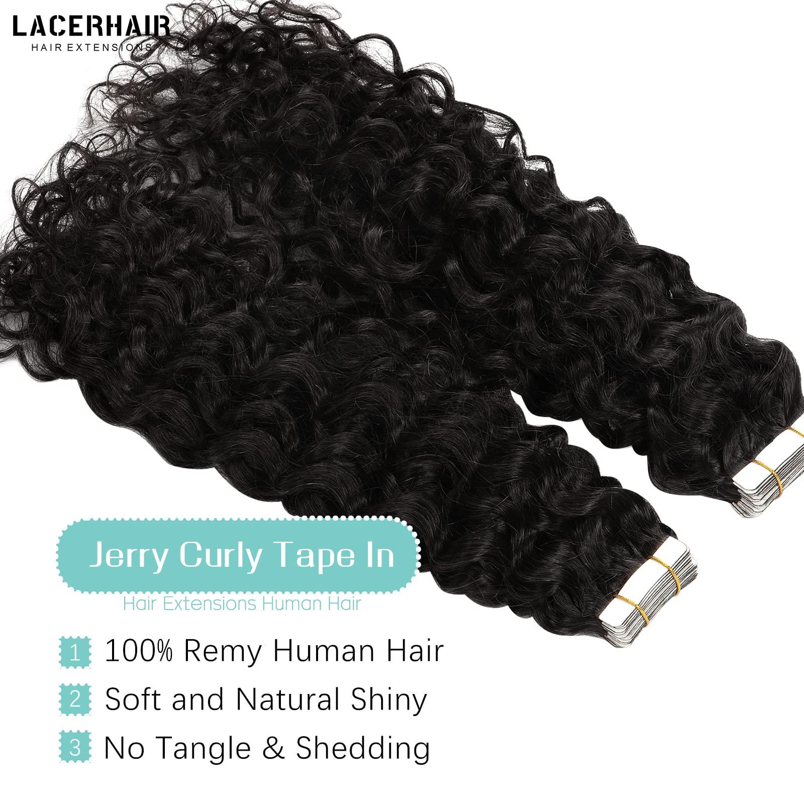 Lacer Lacerhair Jerry Curly Tape in Black Hair Extensions Human Hair Extensions 3B 3C Virgin Double Sided Curly Hair Extensions Real Human Hair Tape in for Black Women #1B 12 Inch 80G/32Pcs