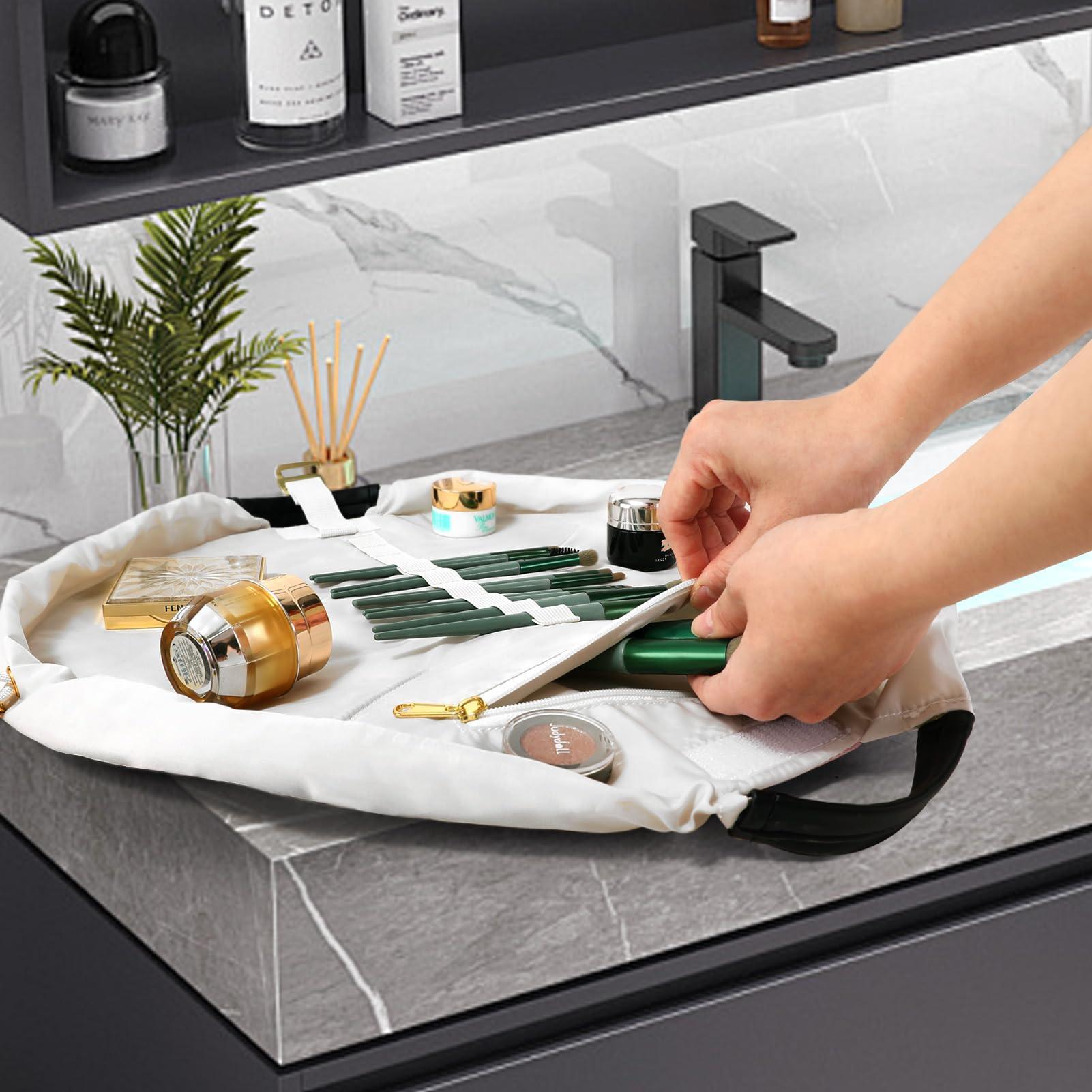 Vomgomfom Vomgomfom 20 inch Drawstring Makeup Bag Open Flat,Waterproof Magic Cosmetic Pouch for Women,Beige