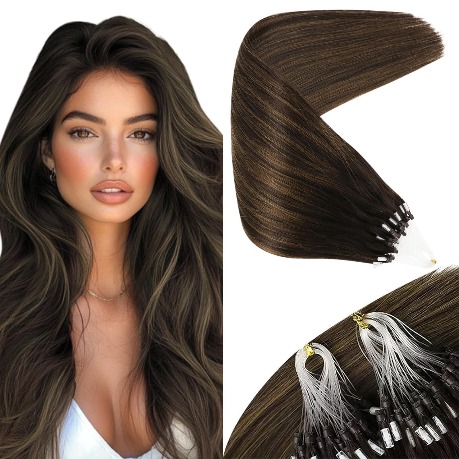 Sunny Hair Sunny Micro Hair Extensions Human Hair Ombre Brown Cold Fusion Micro Loop Hair Extensions Human Hair Dark Brown Balayage Medium Brown Pre Bonded Micro Ring Hair Extensions Straight Hair 50G 20Inch