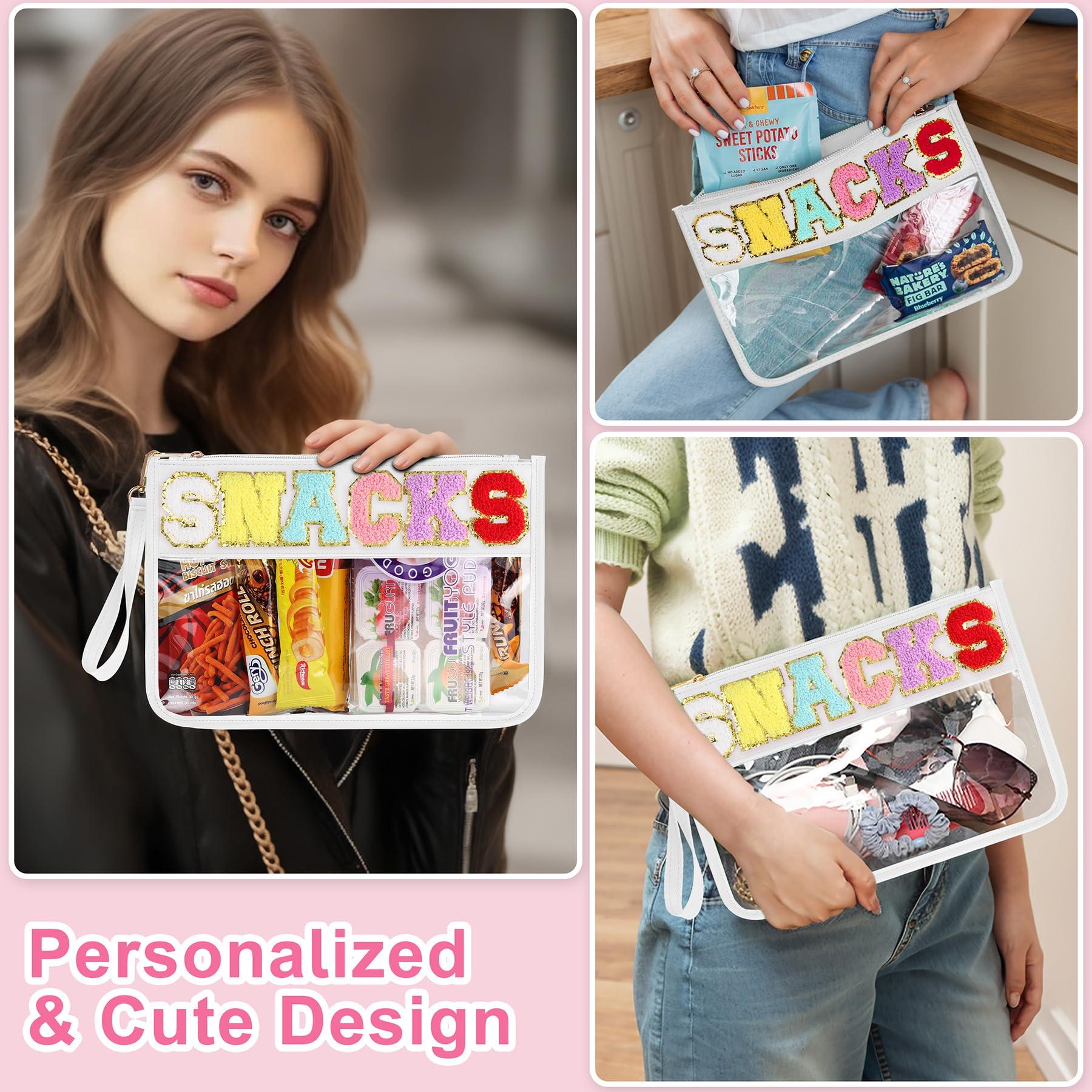 TESAFNG TESAFNG 2 PCS Snack Bags Clear Pouch Travel Makeup Bag Chenille Letter Bags for Zipper Pouch Clear Cosmetic Bag Clear Tote Bag Makeup Travel Bag for Women Girls (White+White)