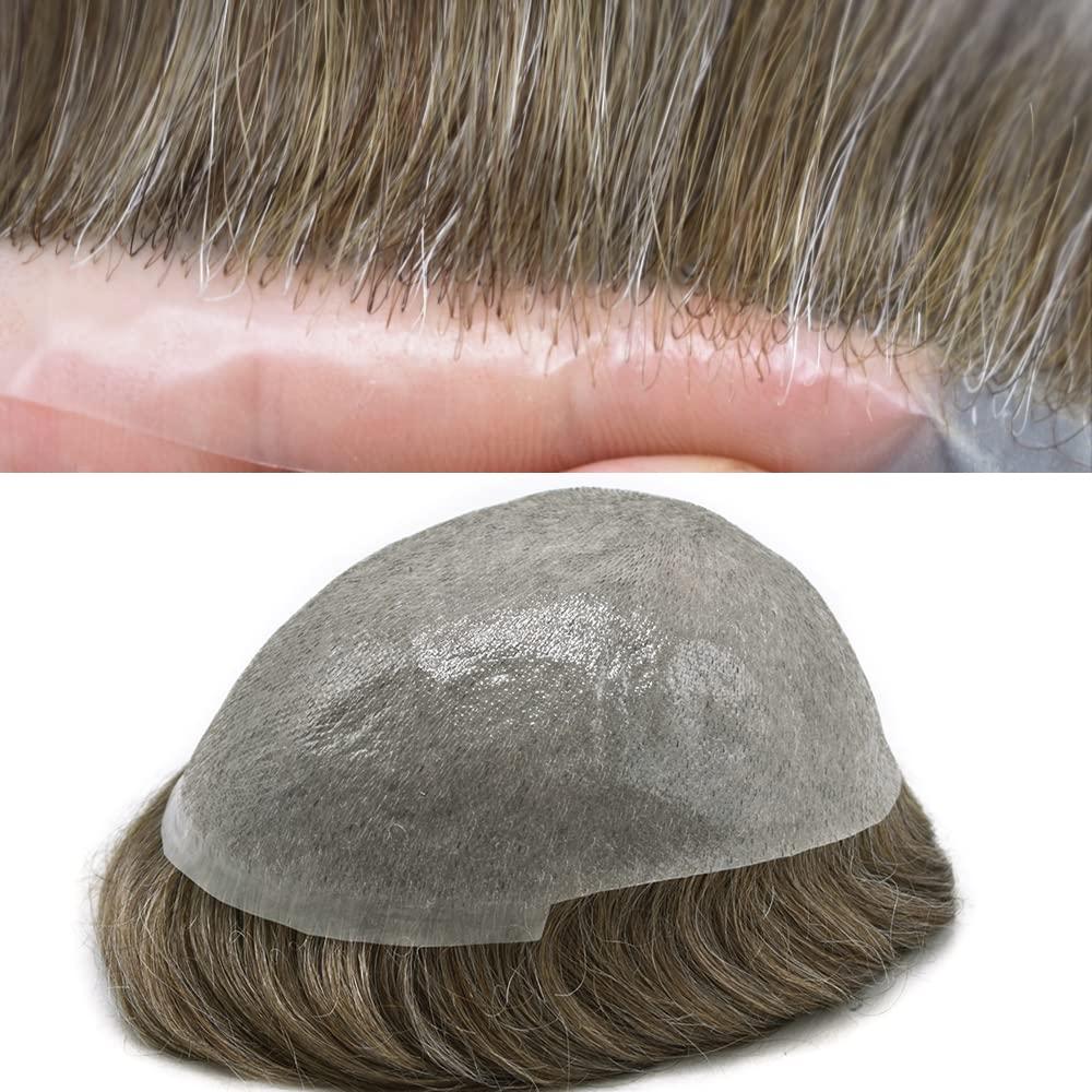 Generic Hair System For Men 0.06mm Ultra Thin Skin V-looped Human Hair Mens Toupee Natural Hairline Mens Hair Replacement System Ultralight Hair System8\"x10\"#540 Medium Light Brown with 40% gray-100% Density