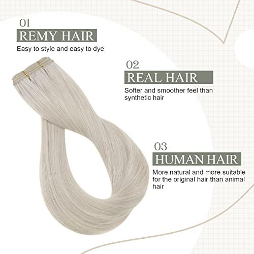 Fshine Fshine Blonde Weft Hair Extensions Human Hair 20 Inch 100 Gram White Blonde Sew in Hair Extension Double Weft Straight Real Human Hair Bundle for Women