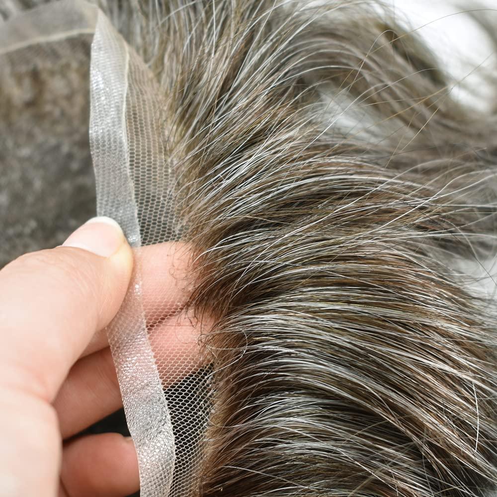 Generic Lace Hair System For Mens Human Hair System Mens Toupee Hair Piece Bleached Knots Natural Hairline Mens Hair Piece Men Toupee (8\'\'X10\'\'-100% density, #460#4 MEDIUM BROWN+60% GREY)