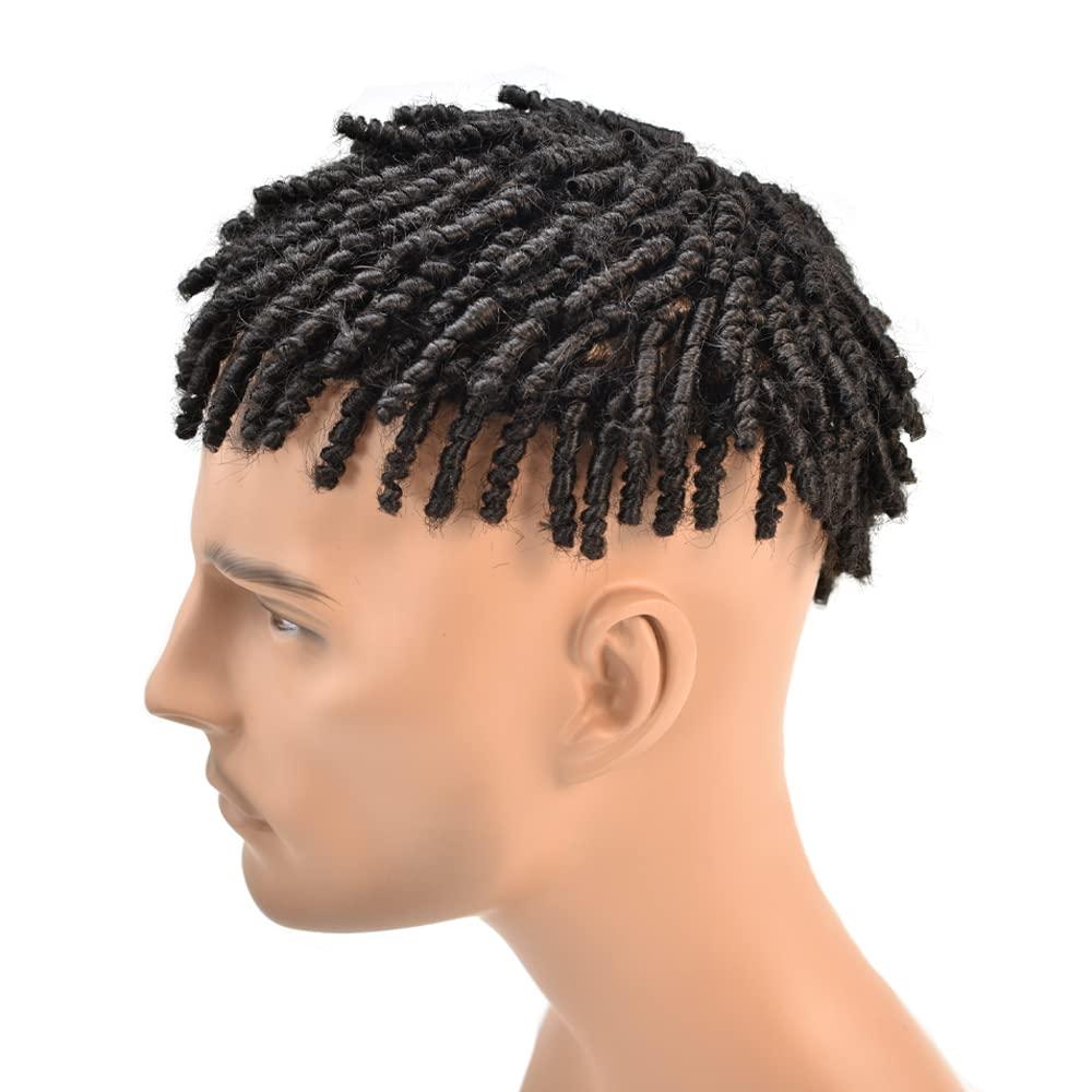Generic Afro Kinky Twist Crochet Braids Hair for Black Men 8X10 African American Human Hair System Replacement Afro Toupee for Black Men All PU Injected Poly Thin Skin Hair Piece Mens Wig 6MM-6\",1B# Off Black