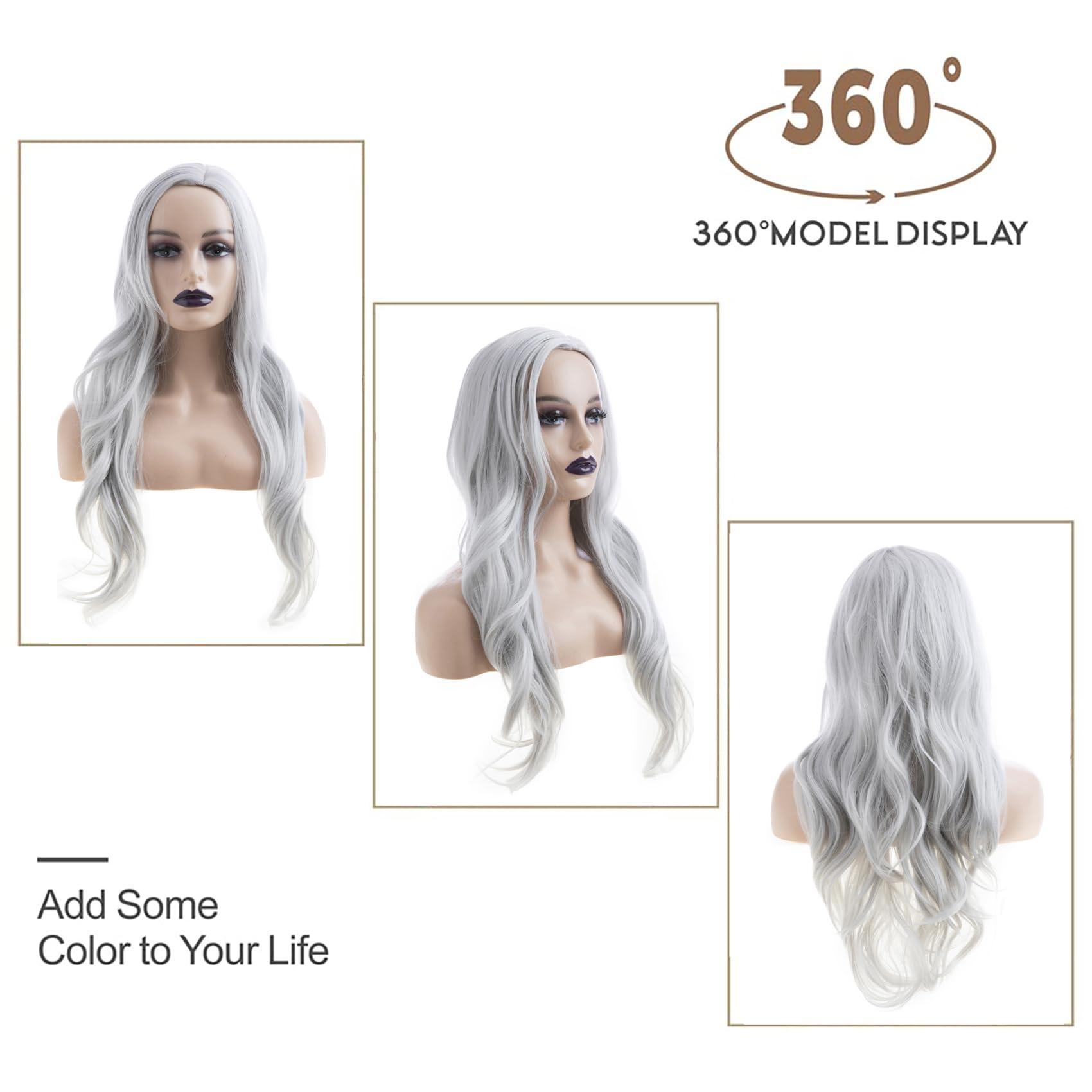 Baruisi Baruisi Long Wavy Silver Grey Wigs for Women Side Part Natural Looking Cosplay Synthetic Fiber Wig Heat Resistant Replacement Wig