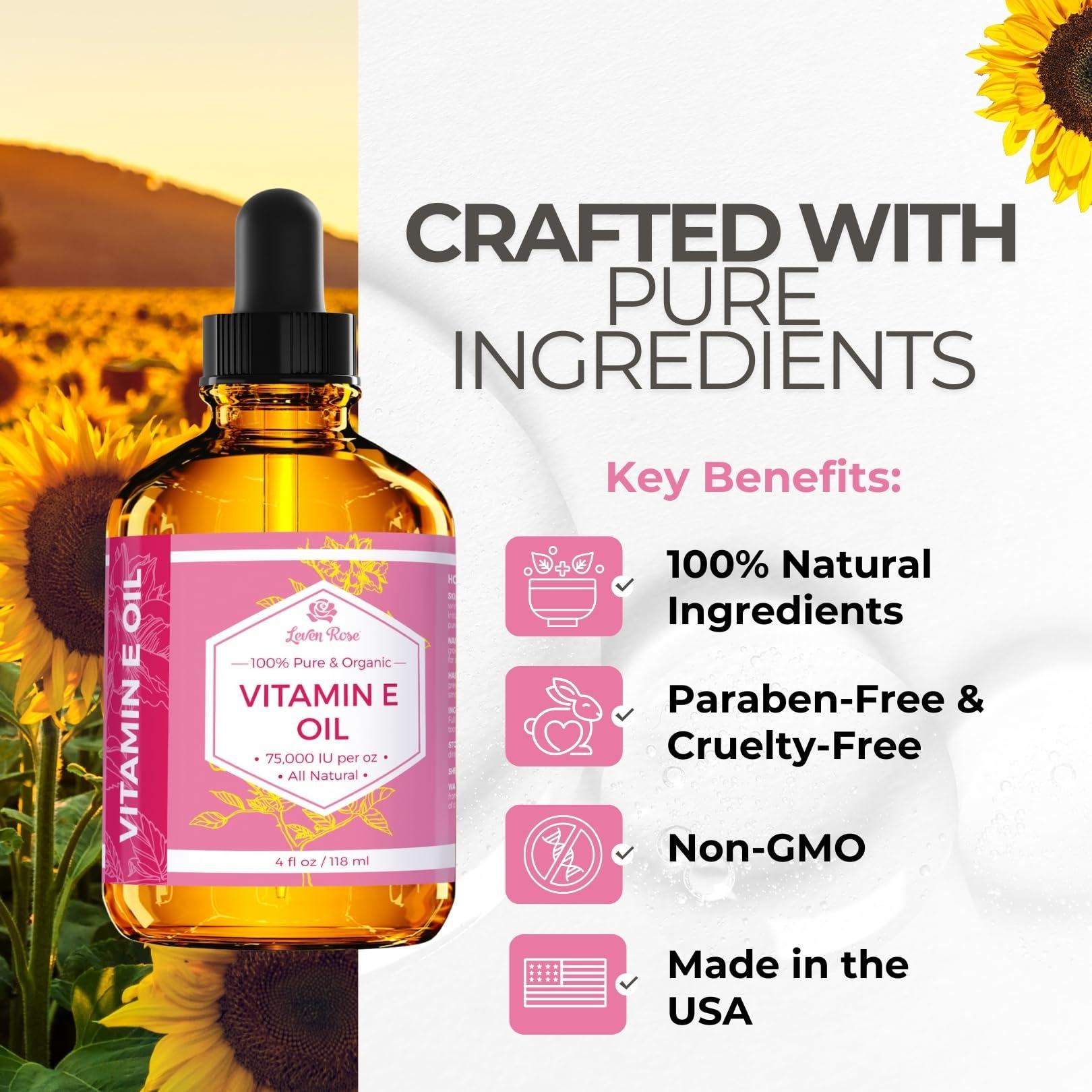 Leven Rose Vitamin E Oil by Leven Rose 75,000 IU per oz 100% Natural, Organic, Pure Vitamin E Oil for Skin, Face, Hair, Nails, and Scars, 4 oz