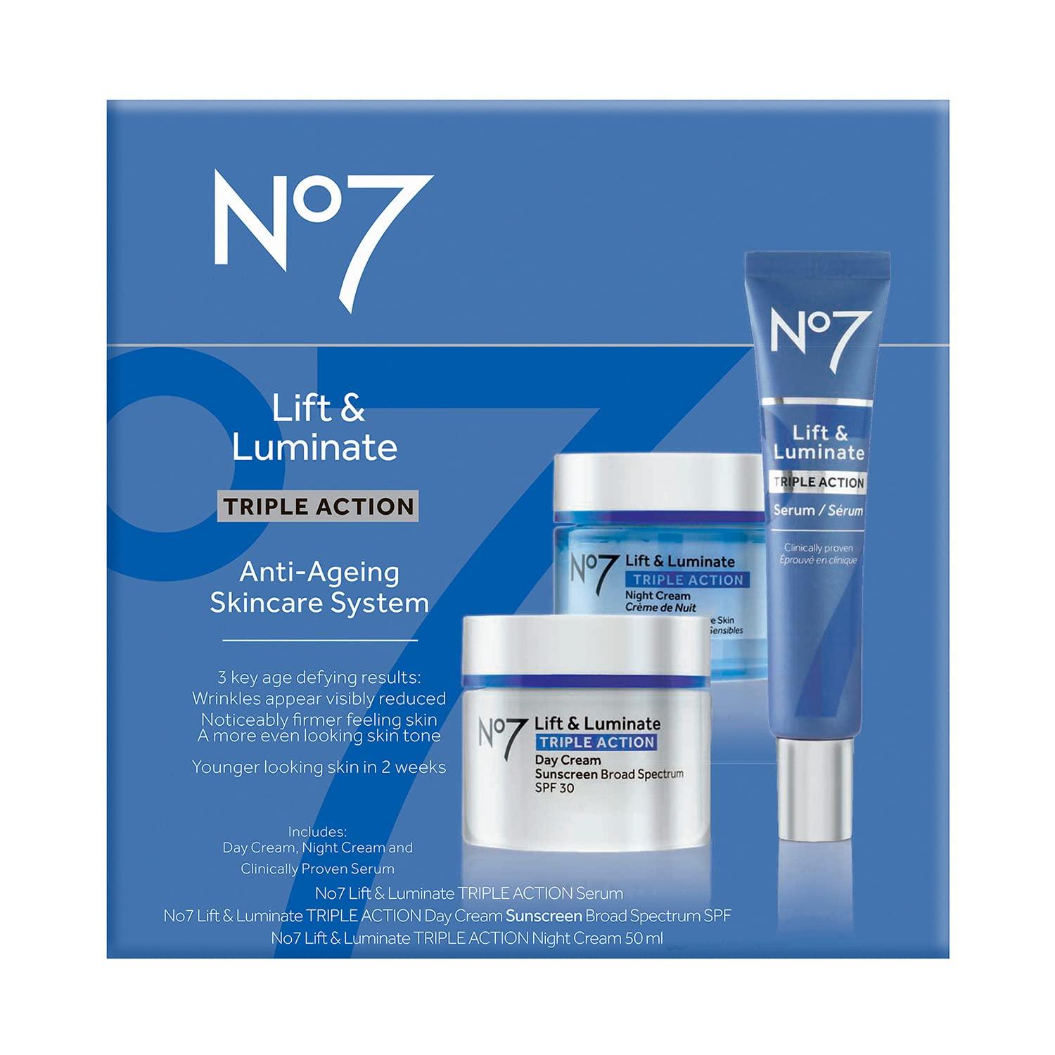 No7 No7 Lift & Luminate Triple Action Skincare Set - Broad Spectrum Anti Aging Day Cream SPF 30 + Vitamin C Wrinkle Serum + Collagen Peptide Brightening Night Cream (3 Piece Kit)