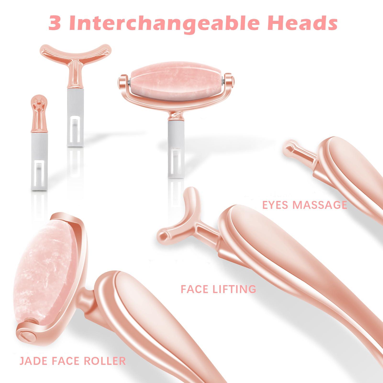 ROMALOVE ROMALOVE Jade Facial Roller, Jade Face Roller Massager with 3 Interchangeable Heads for Women Routine Skin Care, Reduce Puffiness Wrinkling Rejuvenate Skin (Pink Roller + Rose Gold)