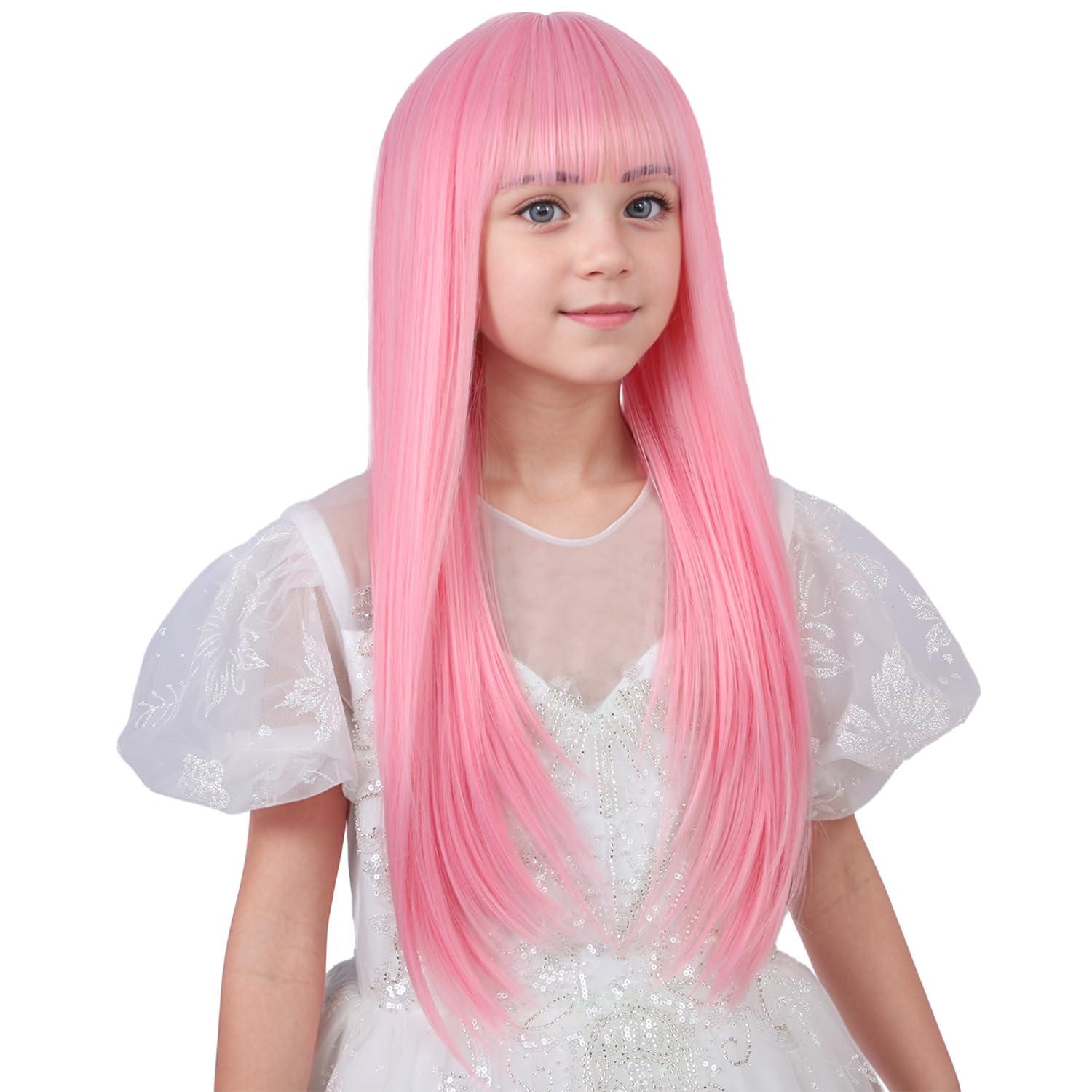 WAVELNM WAVELNM Pink Wigs for Kids Girls Long Light Pink Wig with Bangs Childrens Long Straight Wig Kids Daily Halloween Party Cosplay Wigs