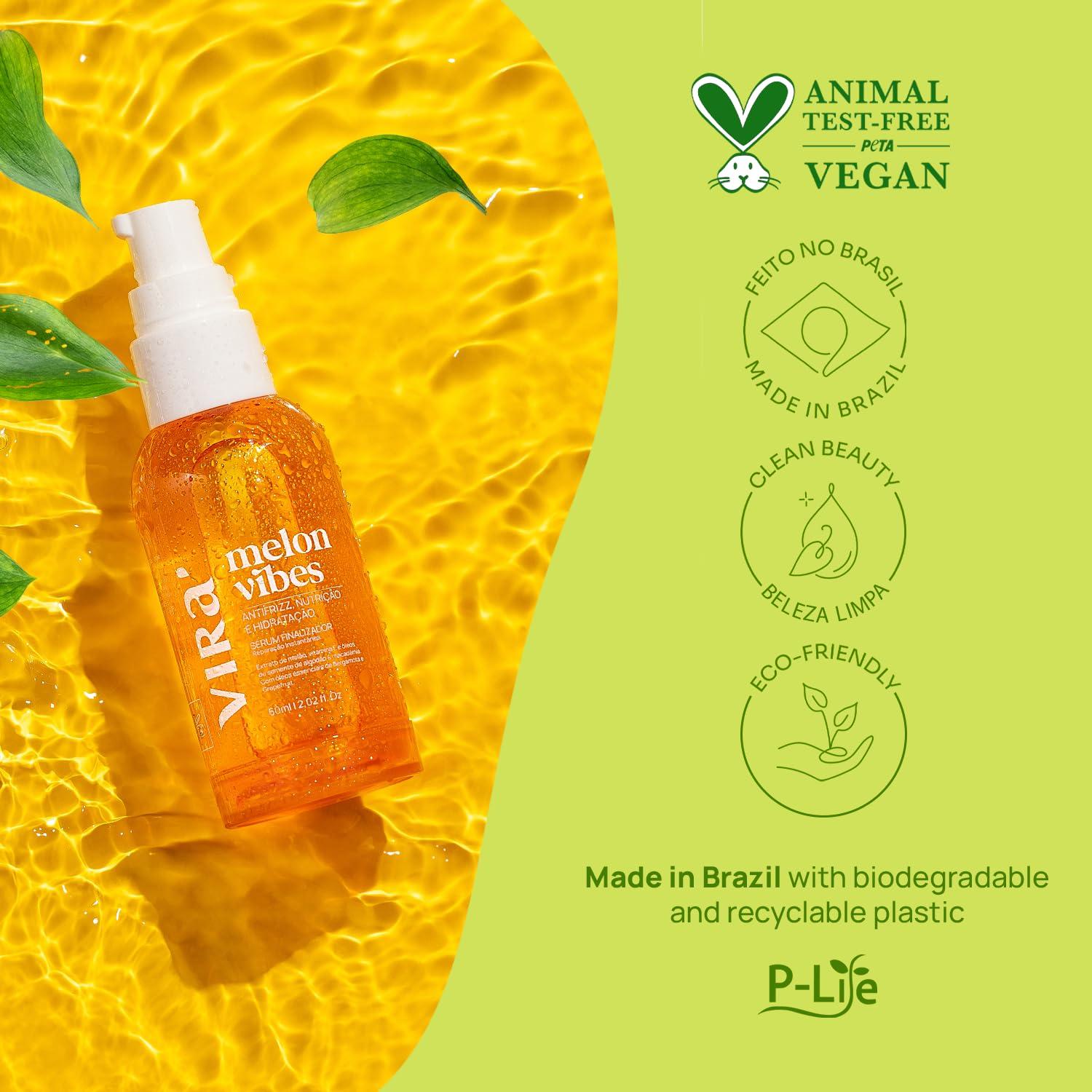 Vir Vir Brazilian Hair Serum, Frizz Control, Anti-frizz Nutrition and Hydration For All Hair Types, Cantaloupe Oil & Vitamin E - Pack of 2, 60ml (Melon Vibes), Yellow