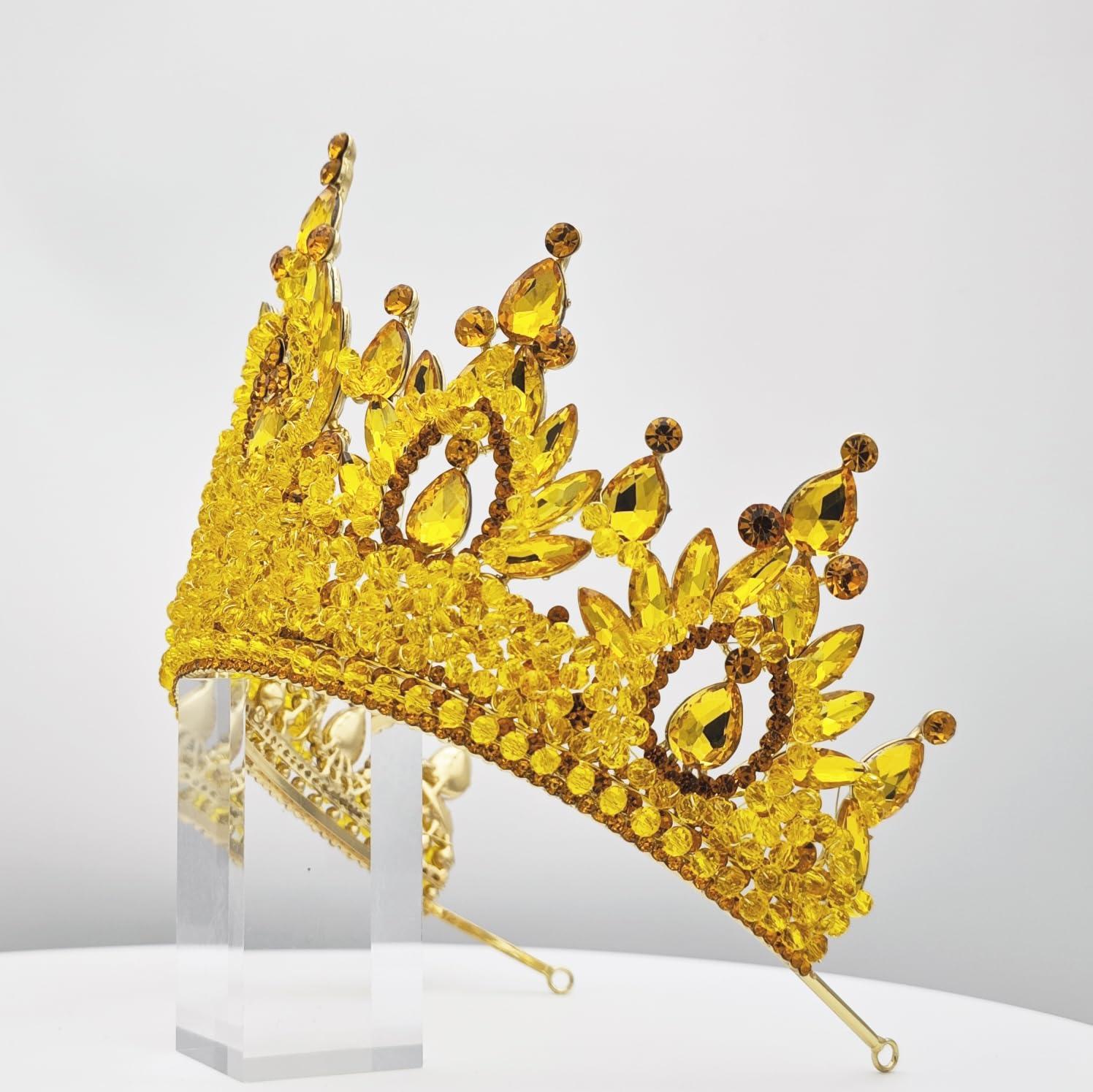 QXMYOO Tall Pageant Crowns for Girls Yellow Stones Royal Queen Tiaras for Adult Extra Large Wedding Headband Princess Quinceanera Prom Costume Cosplay Headpieces