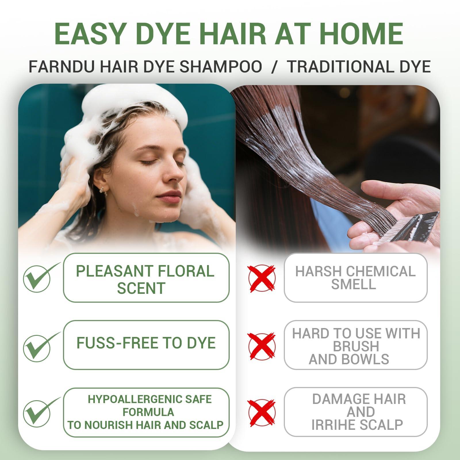 Farndu Brown Hair Dye Shampoo for Women Men, 100% Gray Hair Coverage, Natural Herbal Ingredients