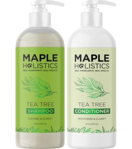 Maple Holistics Tea Tree Shampoo and Conditioner Set - Sulfate Free Clarifying Shampoo and Conditioner for Oily Hair & Scalp Care with Australian Tea Tree Oil - Complete Dry Scalp Treatment for Build Up (16 Fl Oz)