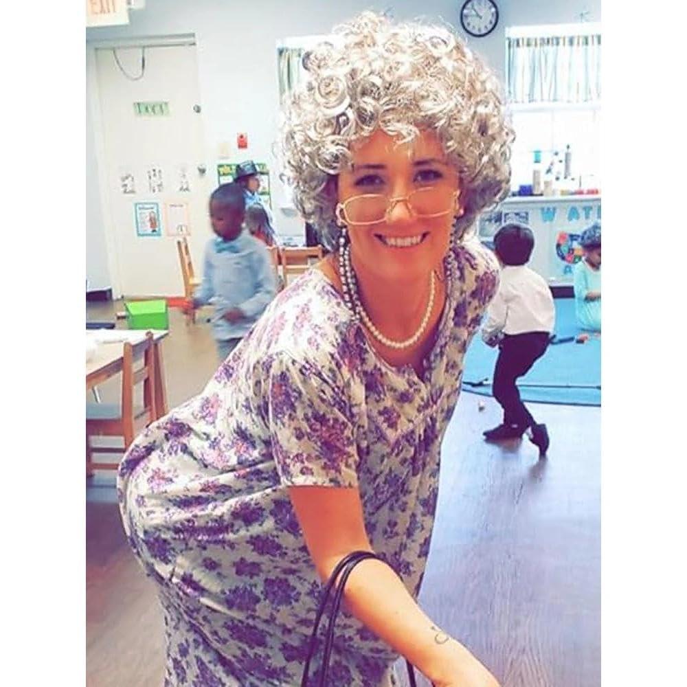 GNIMEGIL GNIMEGIL Old Lady Wig Short Dark Grey Curly Grandma Wig with Bangs Cosplay Costume Halloween Christmas Wig Accessories 4pcs Set(Wig+Glasses+Necklace+Chain)