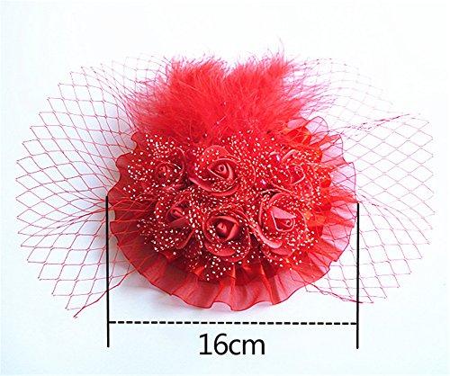 Aimeely Aimeely Lovely Flower Beaded Wedding Hat Veil Girls Lady Feather Hair Accessory Rosy Red