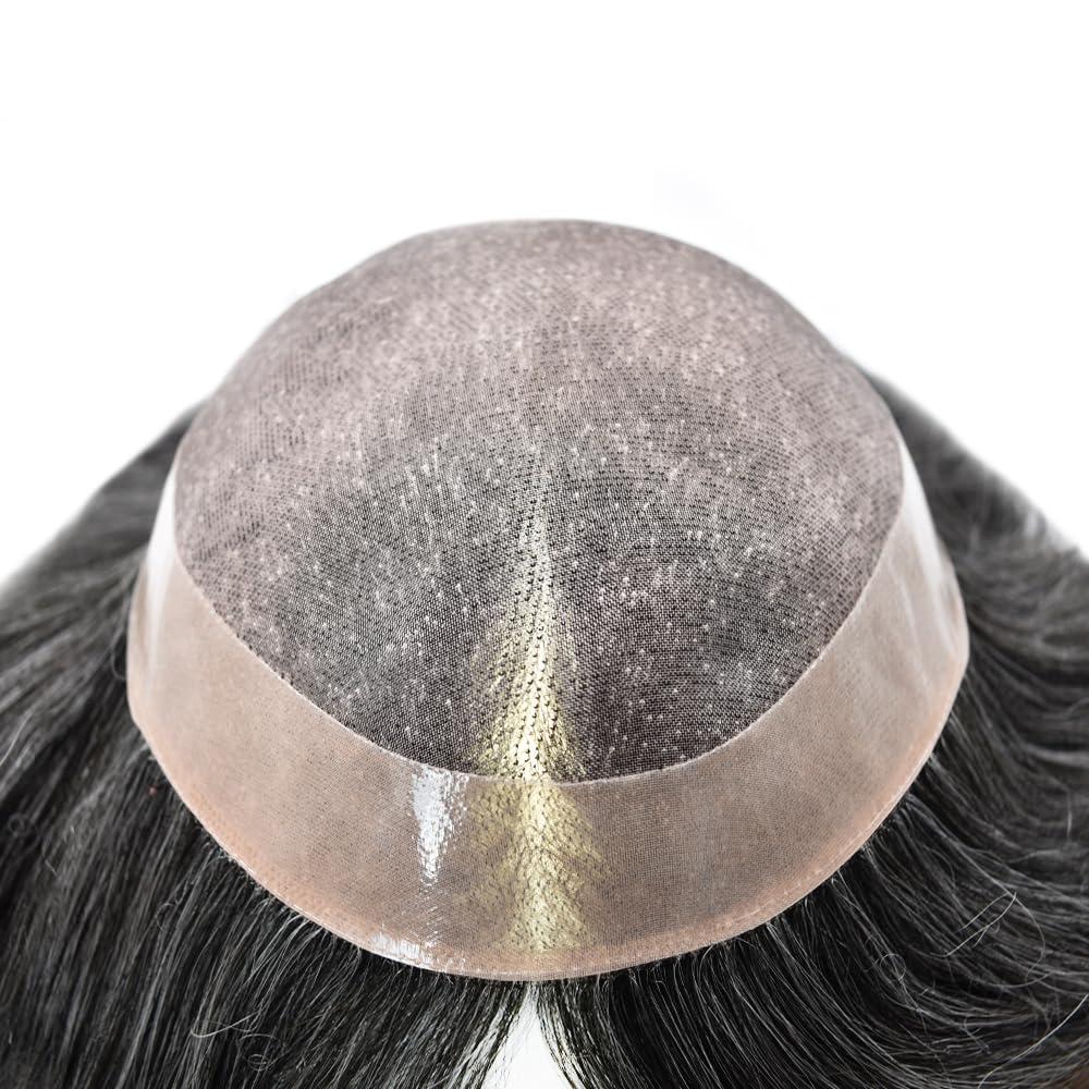 LYRICAL HAIR LYRICAL HAIR Mens Toupee Hair System Replacement Monofilament Mens Wig Hairpice Durable Poly Skin NPU Around Hair Unit Toupee for Men 120% Light to Medium Density (#1B40 Off Black+40% Gray, 7\"X10\")