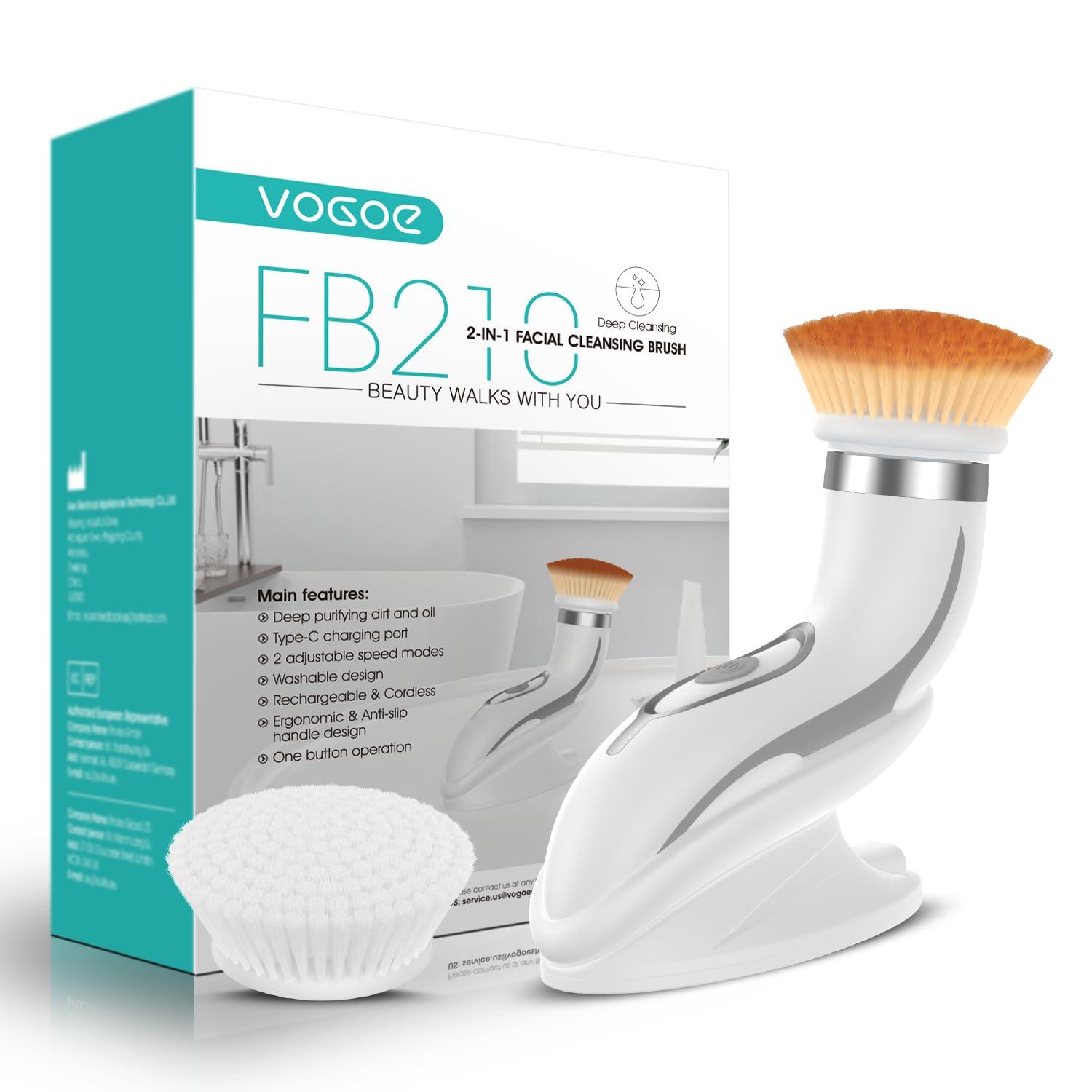 VOGOE VOGOE Facial Cleansing Brush-Spin Face Scrubber Exfoliator Rechargeable, 2-Speed Rotation, Electric Face Wash Brushes for Cleansing and Exfoliating, with 2 Brush Heads, Grey