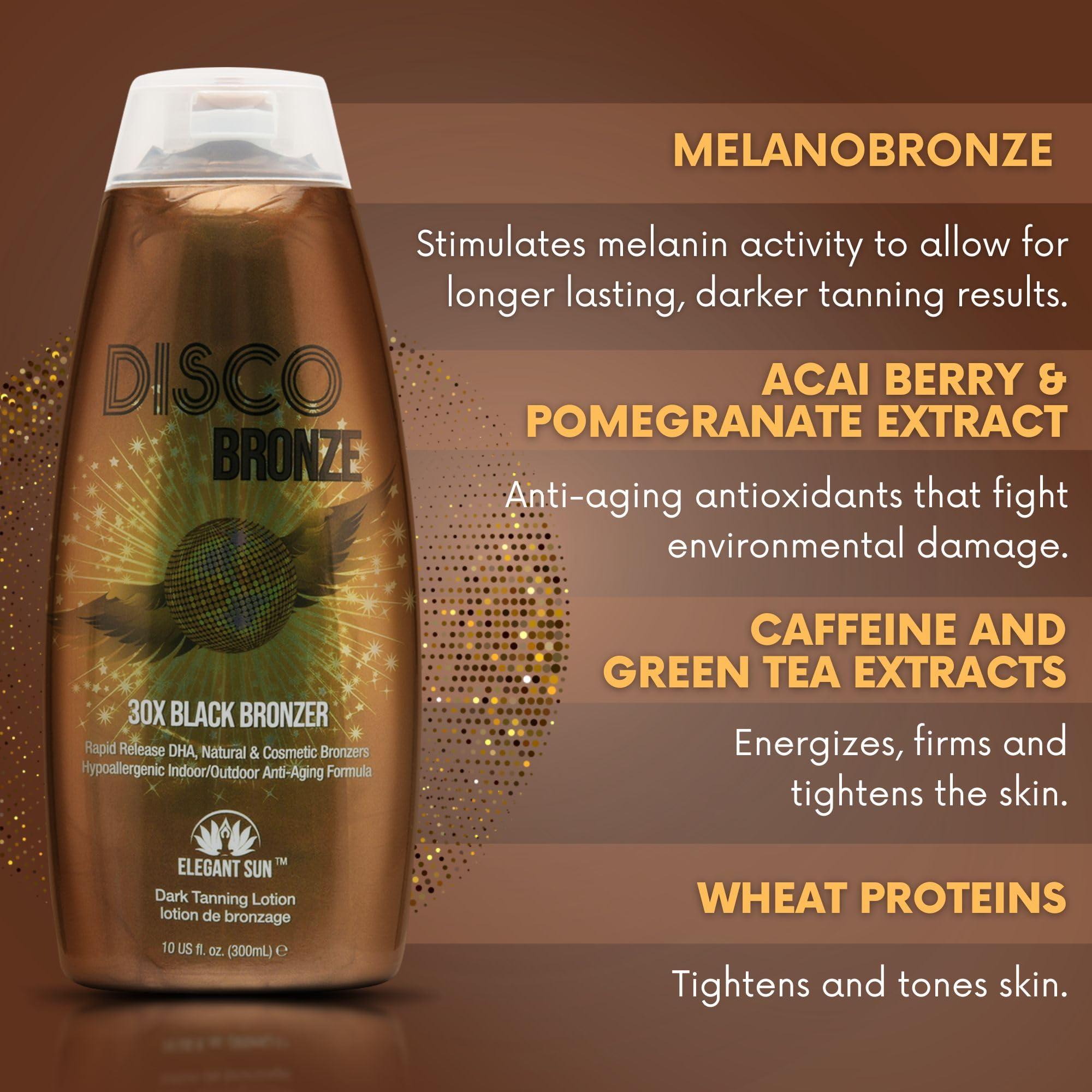 Elegant Sun Disco Bronze Tanning Bed Lotion with Self Tanner 30X DHA, Indoor Tanning Lotion Accelerator for Tanning Beds, Hypoallergenic Outdoor Bronzing Tanning Lotion to Get Dark Fast