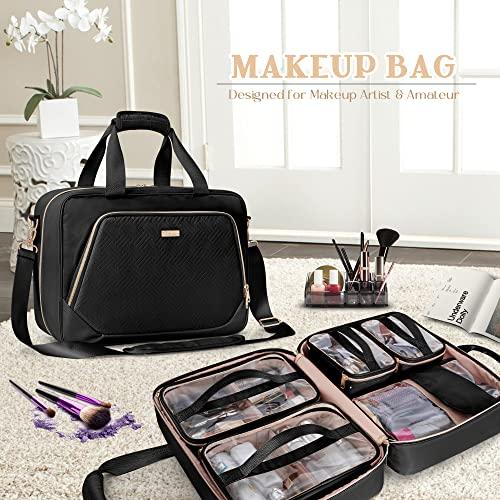 Prokva Prokva Professional Makeup Artist Travel Case with 4 Detachable Cosmetic Bags, Large Make up Organizer Bag with Makeup Kit Storage Section and Hair Tools Pocket, Black (Empty Bag Only)