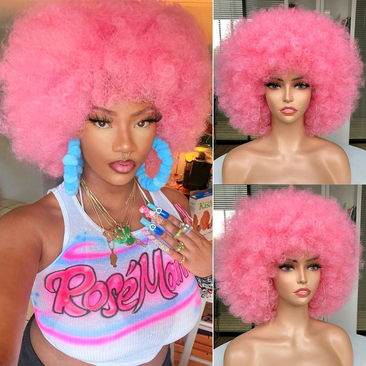 CURLCRAZY CURLCRAZY 70s Afro Wig with Bangs Short Afro Kinky Curly Wig for Black Women Large Bouncy and Soft Natural Looking Halloween Party Christmas Cosplay Wigs (Pink)