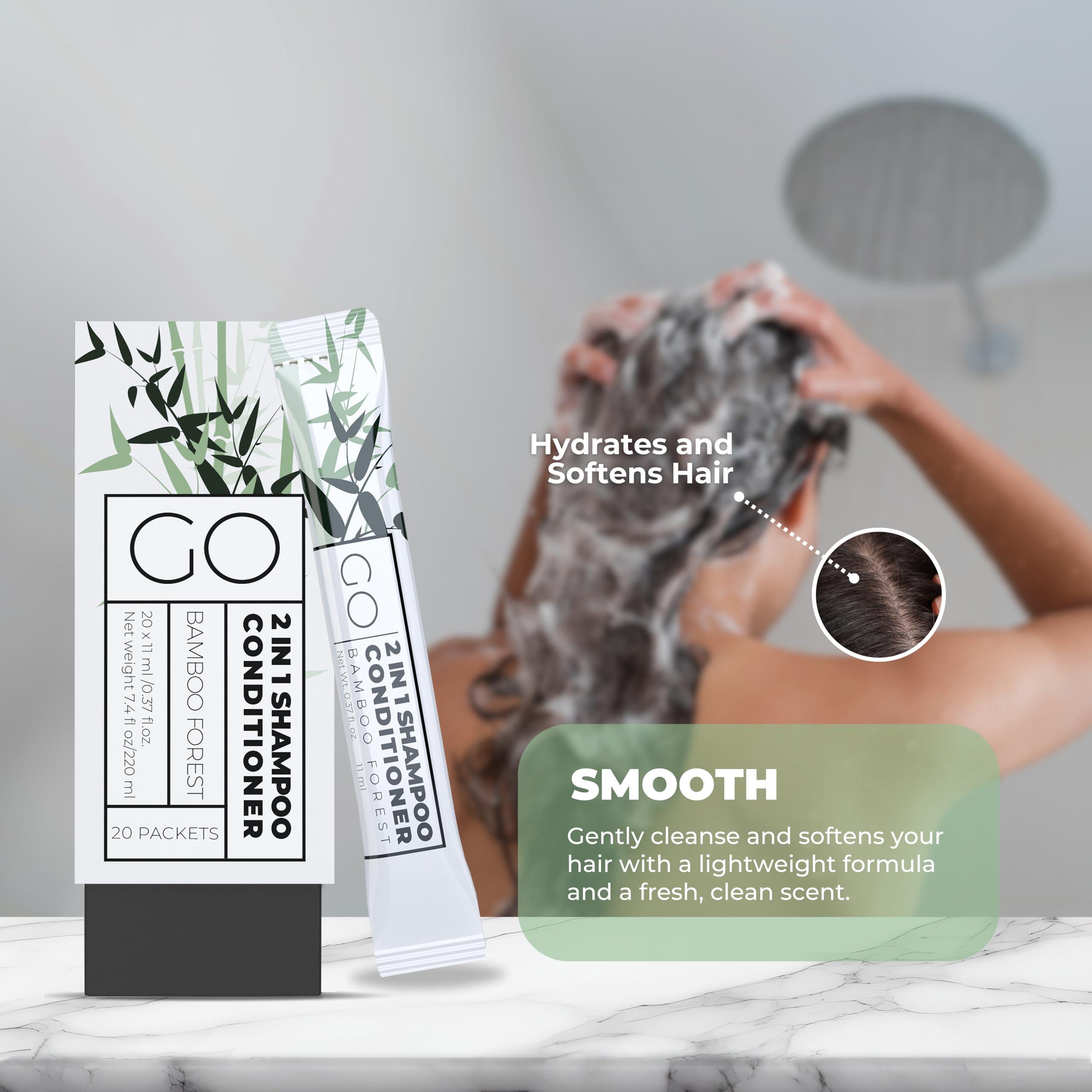 Go Essentials Travel Size Shampoo and Conditioner Set of 20  2 in 1 Single Use Travel Shampoo and Conditioner (Sulfate Free) - Hotel Amenities, Homeless Care Kit.