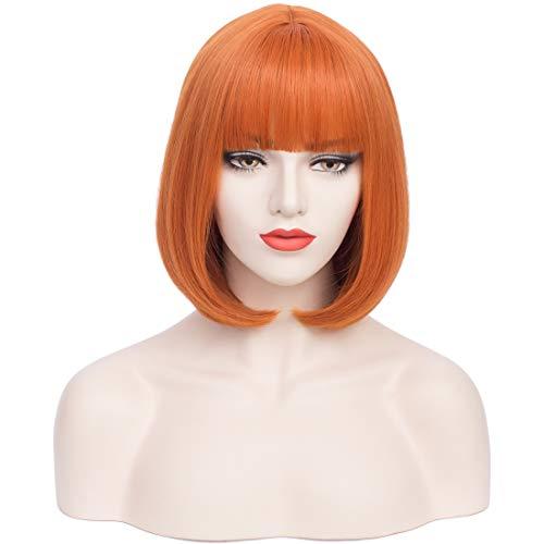 PATTNIUM PATTNIUM 12 Inches Orange Bob Wig Short Orange Wig with Bangs for Women and Girls Heat Resistant Synthetic Bob Wig (Orange)