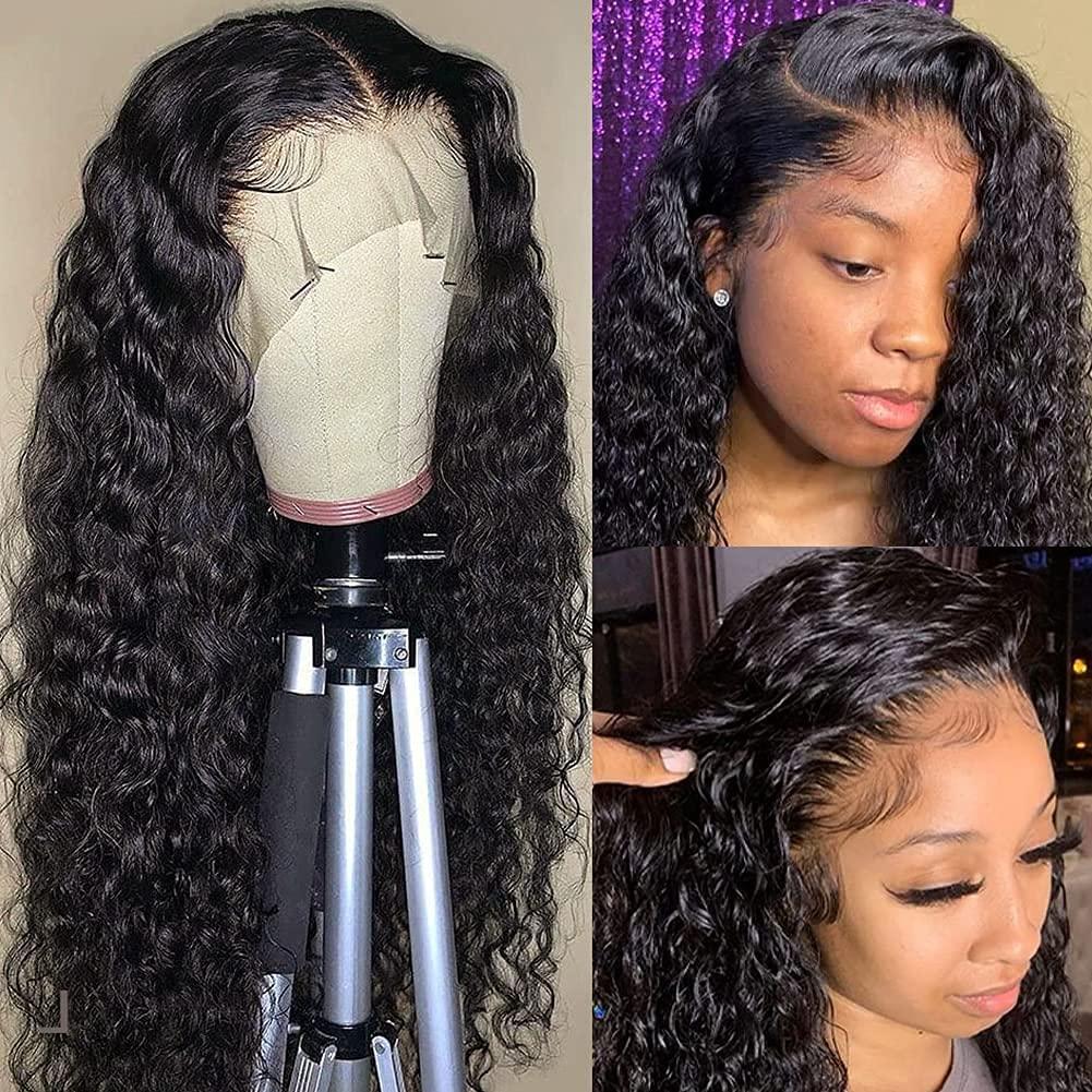 CHEETAHBEAUTY CHEETAHBEAUTY Deep Wave 13X6 HD Transparent Lace Front Wigs Brazilian 10A Grade Deep Curly Human Hair Wigs for Black Women Pre Plucked with Baby Hair Natural Black 180% Density (16inch)