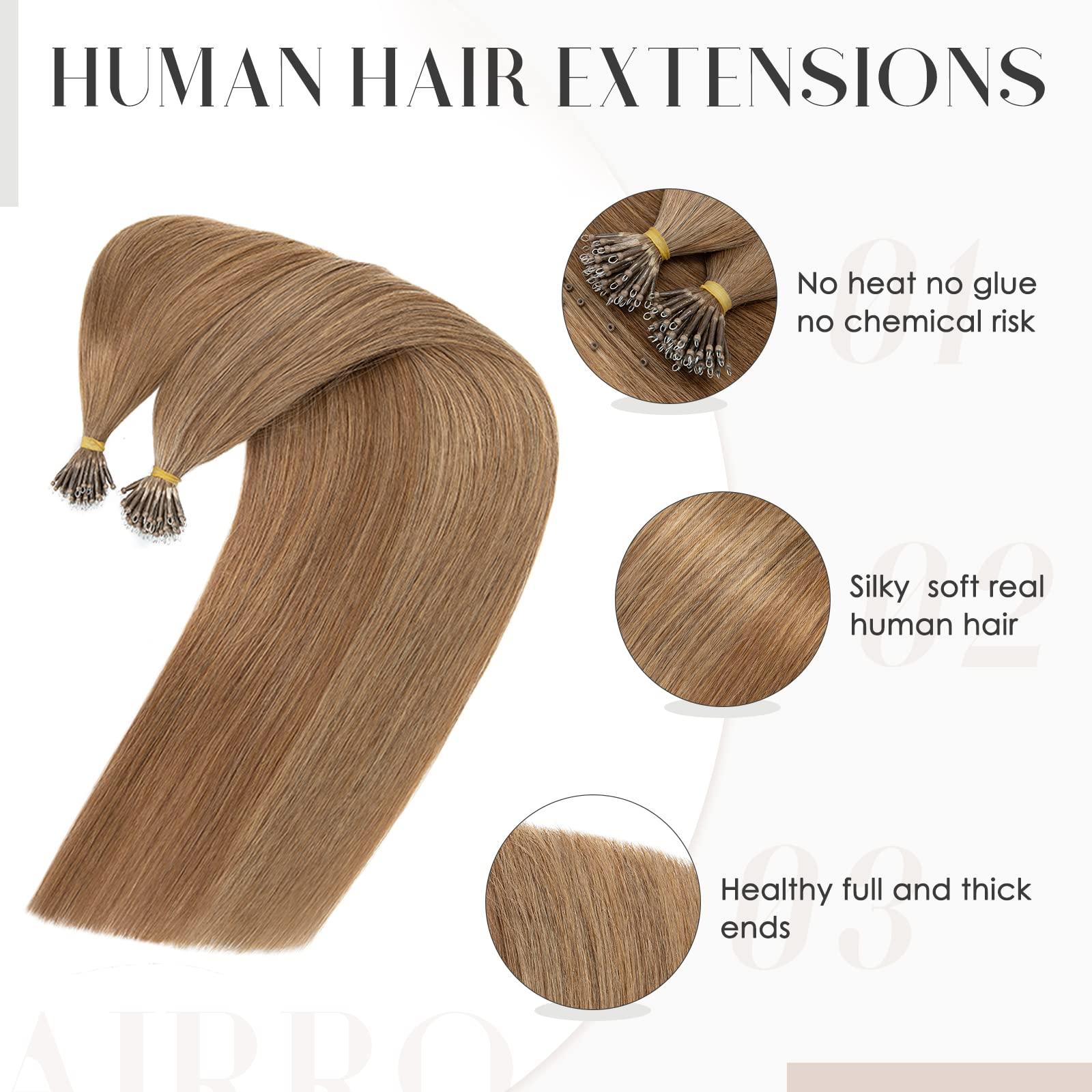 Hairro Hairro Nano Bead Hair Extensions Microlink Nano Ring Itip Hair Extensions Nano Beaded Hair Pre Bonded Cold Fushion Keratin Remy Hairpieces For Women 16inch 50g/PACK 50 Strands #06 Light Brown