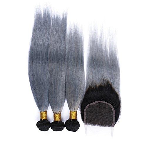 Tony beauty hair Tony Beauty Hair 8A Ombre Silver Grey Silky Straight With Closure 3 Bundles 100% Brazilian Virgin Human Hair #1B/Grey Dark Root Ombre And Freestyle Lace Closure(20" 20" 22" With 18")